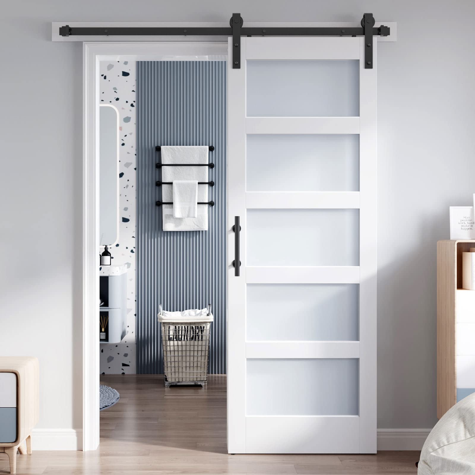 32x84 Inch Frosted Glass Sliding Barn Door with Hardware Kit - White Waterproof & Scratch-Resistant PVC LVL Wood Panel - Easy DIY Installation for Bedroom, Bathroom, or Closet