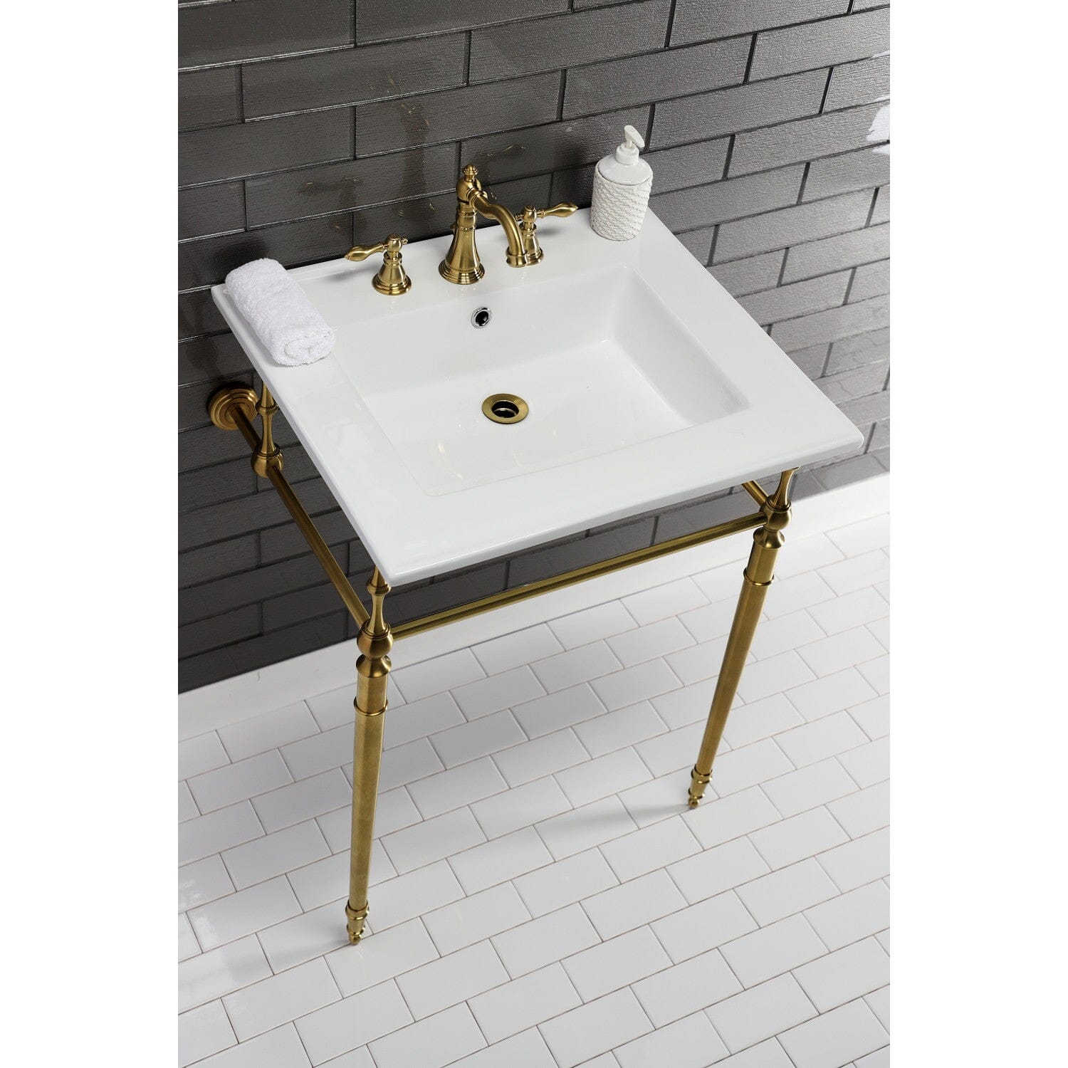 Edwardian 25 Inch Ceramic Console Bathroom Sink with Brass Legs (8 Inch, 3 Hole) - Perfect for Vintage Style Bathrooms & Powder Rooms