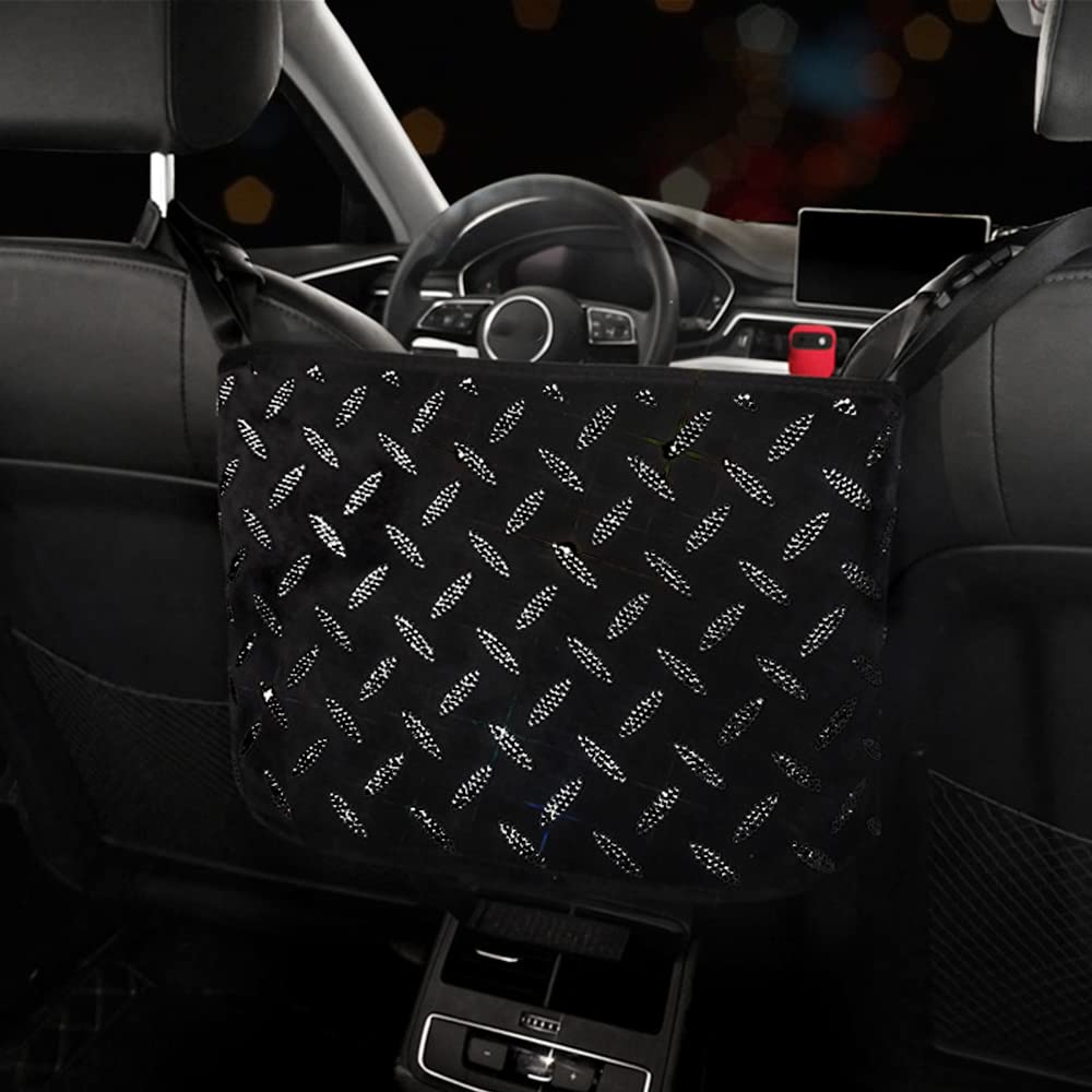 Sparkling Rhinestone Car Trash Bag - Hanging Car Garbage Can with Storage Pockets, Glamorous Car Accessory for Women (Black) | Perfect for Road Trips, Commuting & Keeping Your Vehicle Clean