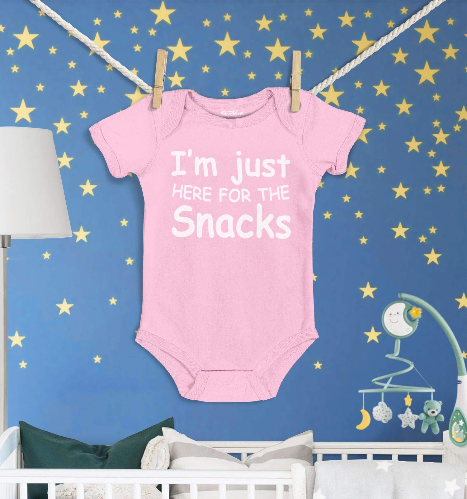 Shop4ever® 'I'm Just Here for The Snacks' Baby Bodysuit - Soft Cotton Romper for Newborns & Infants - Perfect for Playtime, Photo Shoots & Casual Outings