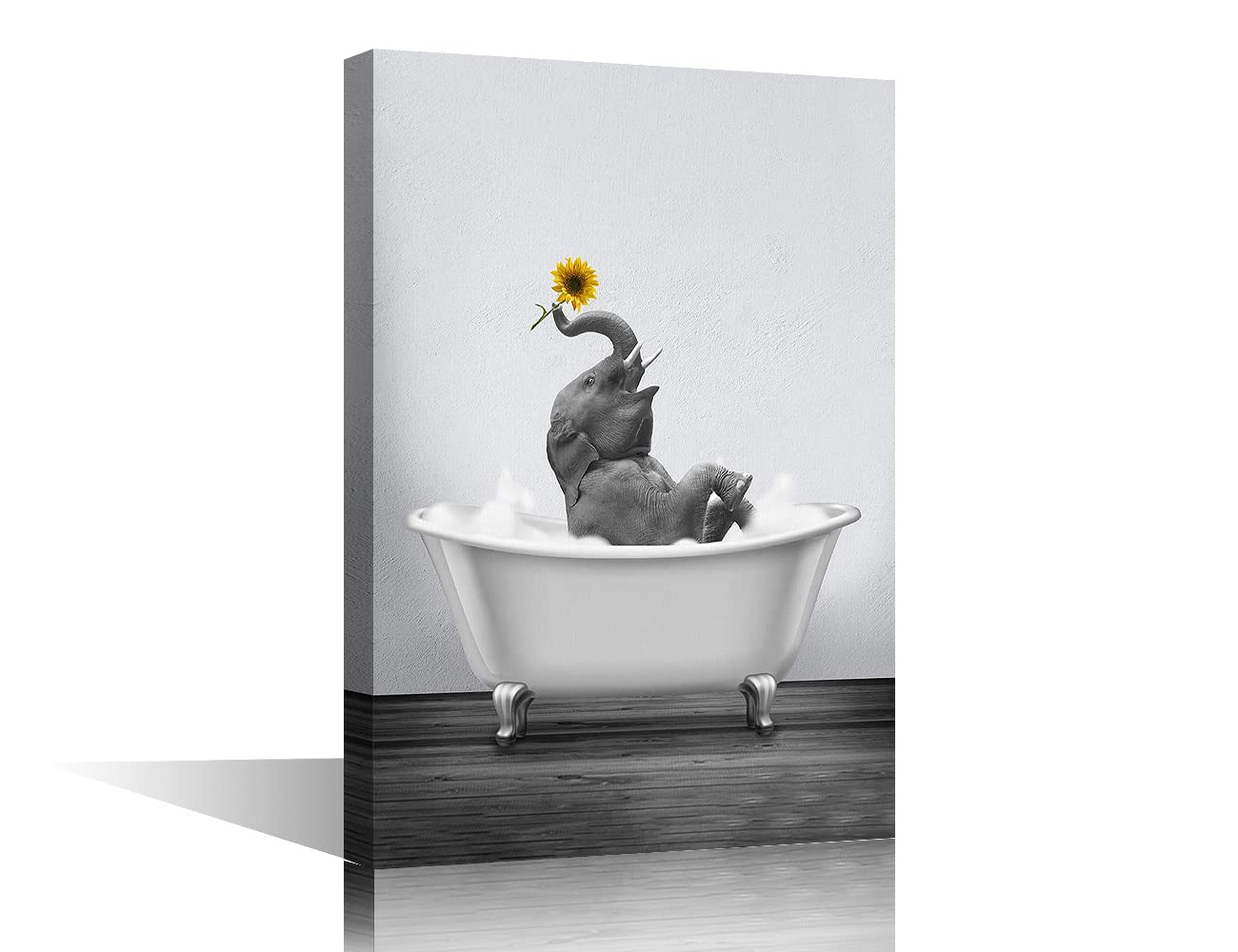Happy Elephant with Sunflower in Bathtub Black White Canvas Wall Art Print - Stretched & Framed Ready to Hang - 24x36 Inch Bathroom & Home Decor - Perfect for Nursery, Living Room or Gift