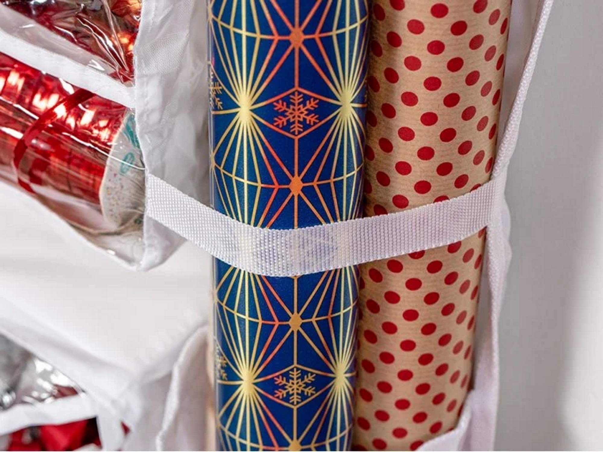 Gift Wrap Organizer Storage - Hanging Bag & Box for Wrapping Paper Rolls, Gift Bags, Bows & Ribbons - Clear Pockets & Hook for Closet Organization - Perfect for Holiday Gift Wrapping & Home Storage Solutions