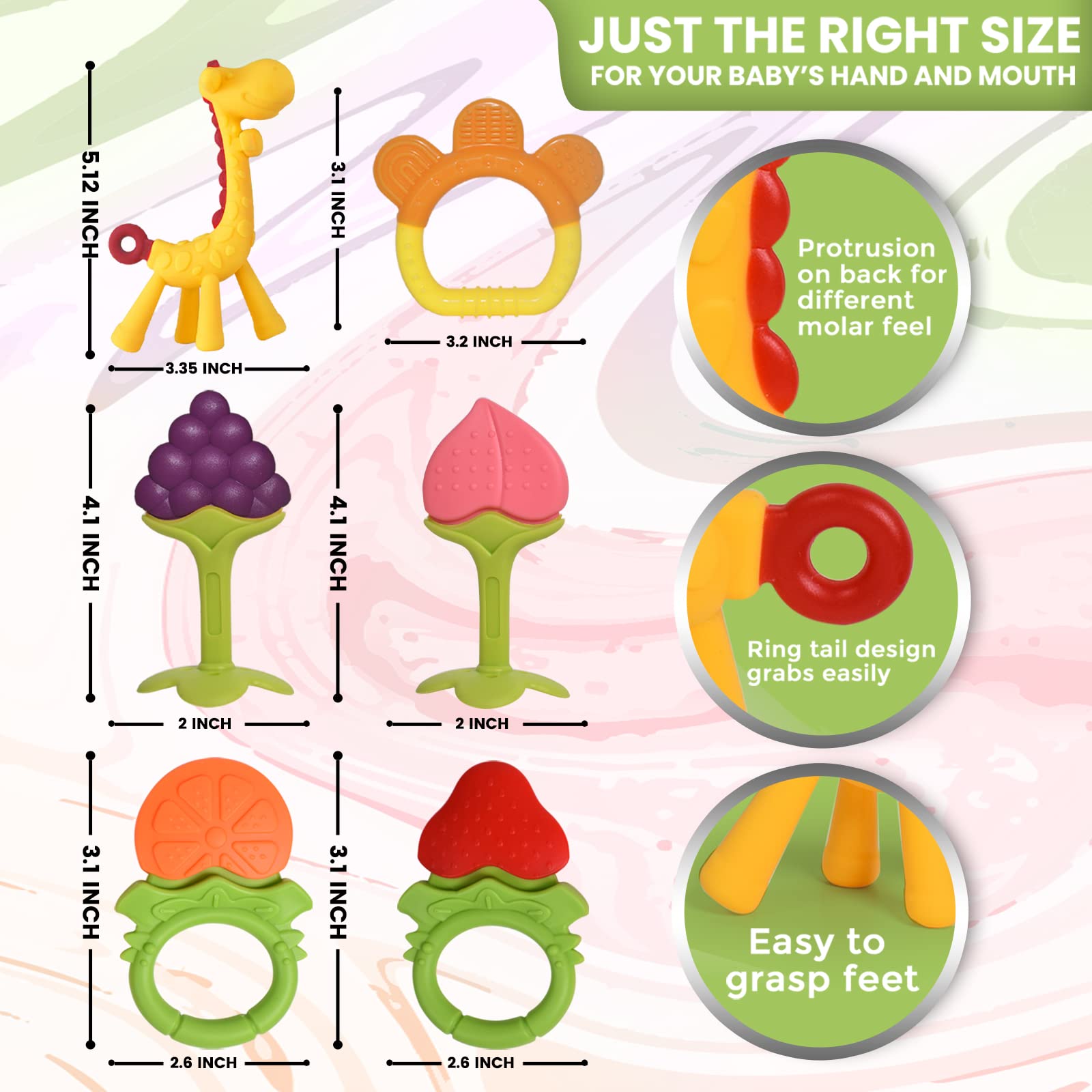 Organic Silicone Baby Teethers for 0-6 Months - 6 Pack Freezer Safe Teething Toys for Newborns & Infants | Soothing Gum Relief | Perfect Baby Shower Gift for Boys & Girls | Use for Home, Travel & Daycare