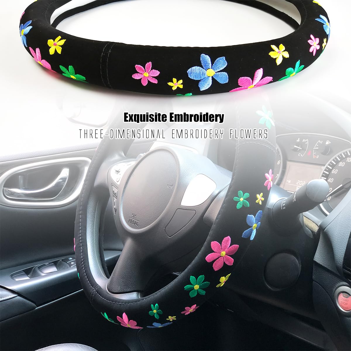 Cute Floral Embroidery Car Steering Wheel Cover for Women - Universal 15 Inch Soft Flannel Steering Wheel Protector - Perfect for Daily Commute & Road Trips