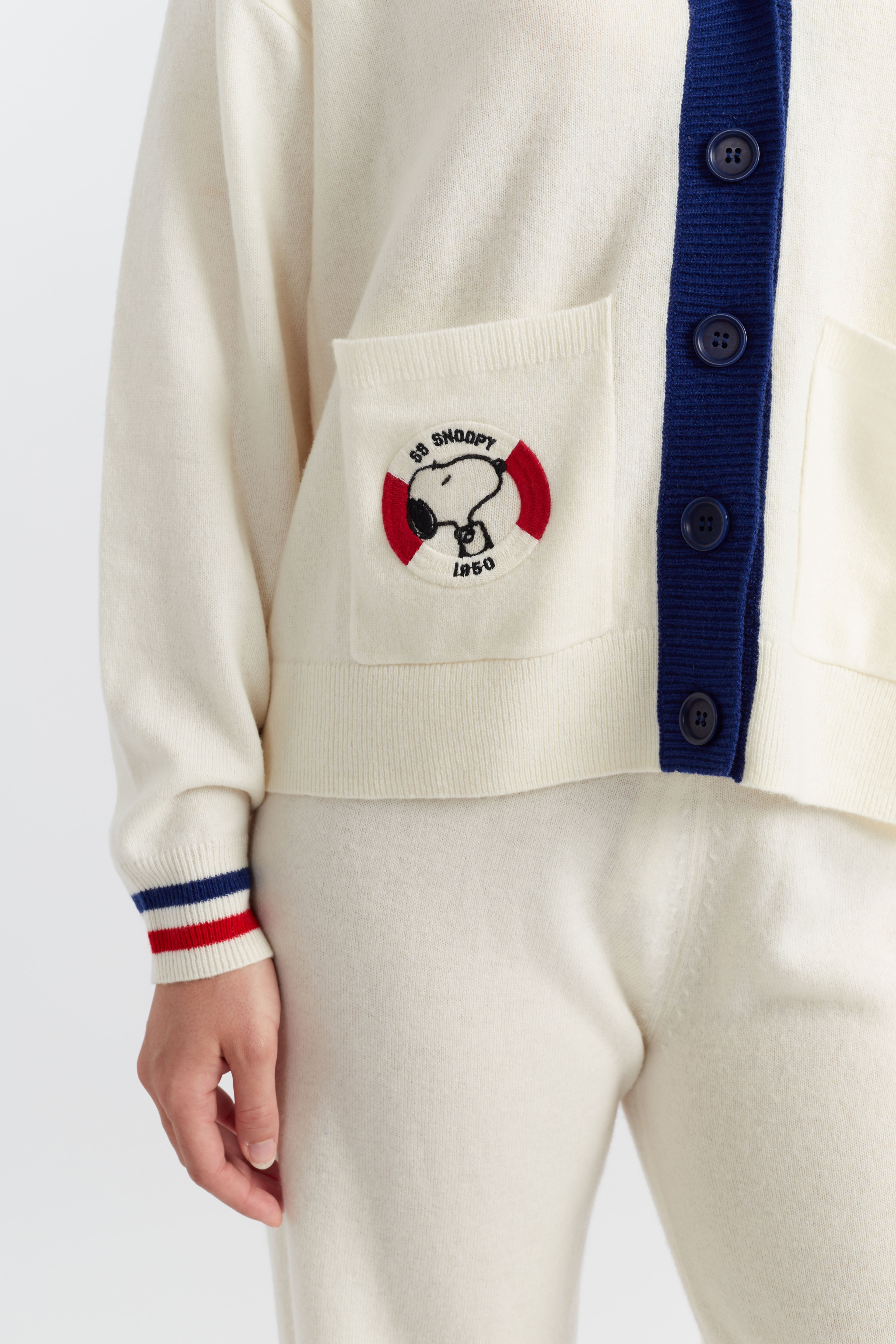 Soft Cream Wool Cashmere Snoopy Nautical Cardigan Sweater for Women - Cozy Winter Pullover for Casual Outings and Holiday Gatherings