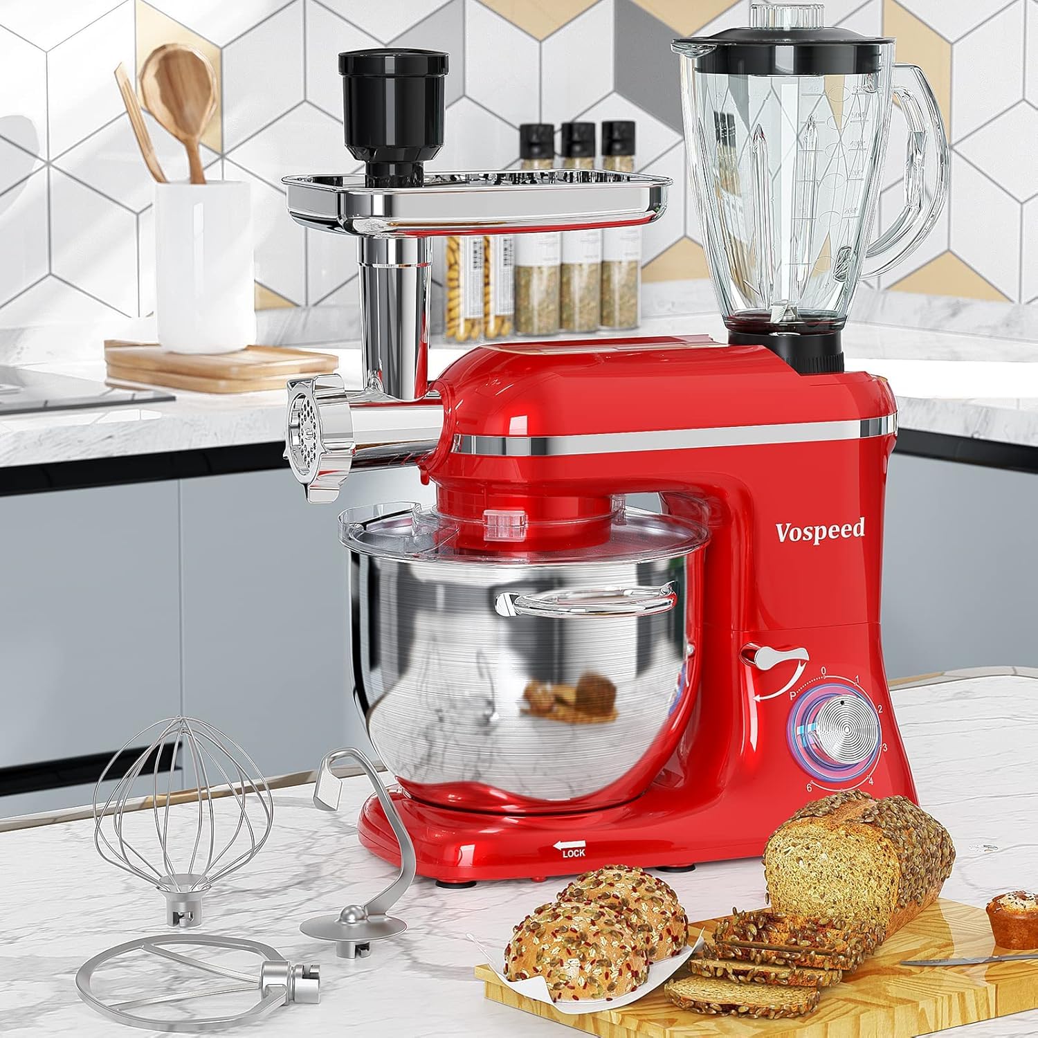 Vospeed 9-in-1 Stand Mixer 850W - Tilt-Head Electric Kitchen Mixer with 8 QT Stainless Steel Bowl, 1.5L Glass Jar, Meat Grinder, Dough Hook, Whisk & Beater - Dishwasher Safe (Red) - Perfect for Baking, Cooking, Grinding Meat & Mixing Dough at Home