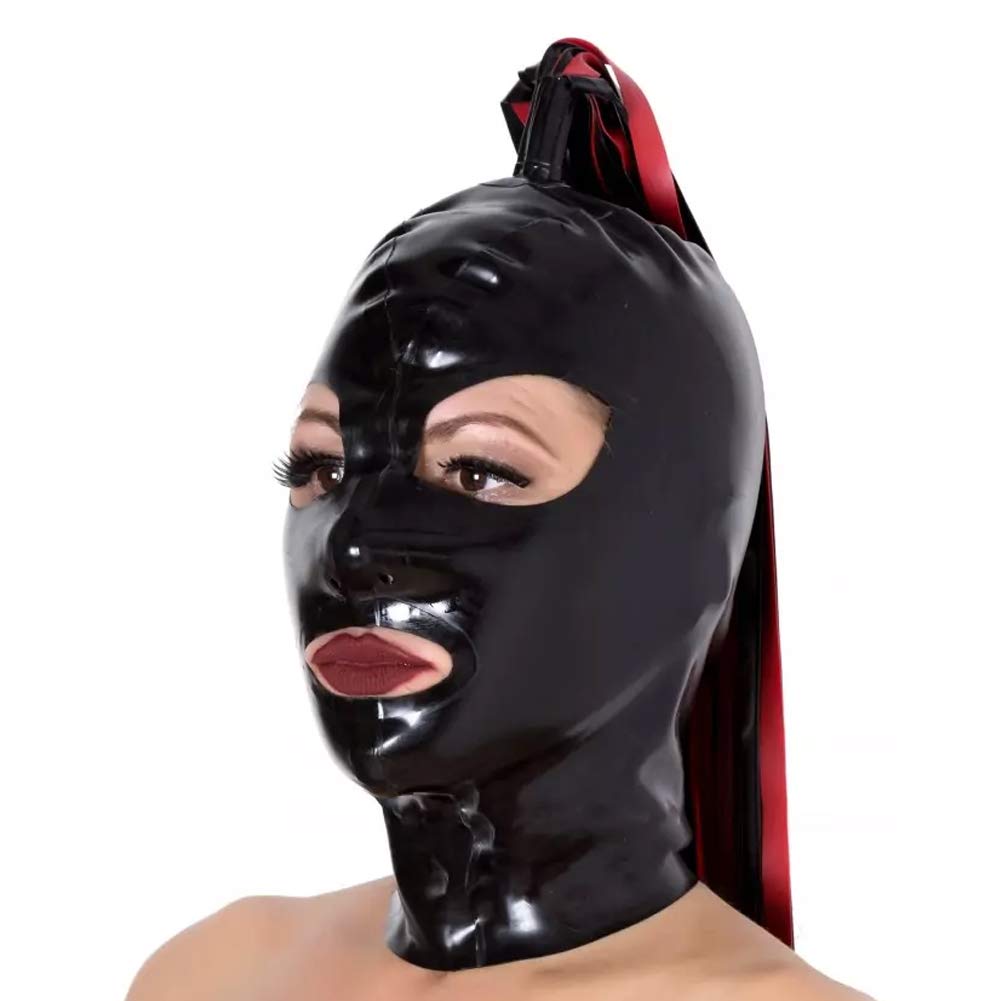 Latex Hood Mask - Full Face Rubber Mask with Big Eye Holes & Red/Black Ponytail Streamers - Halloween Costume Accessory for Cosplay, Fetish Parties, and BDSM Events
