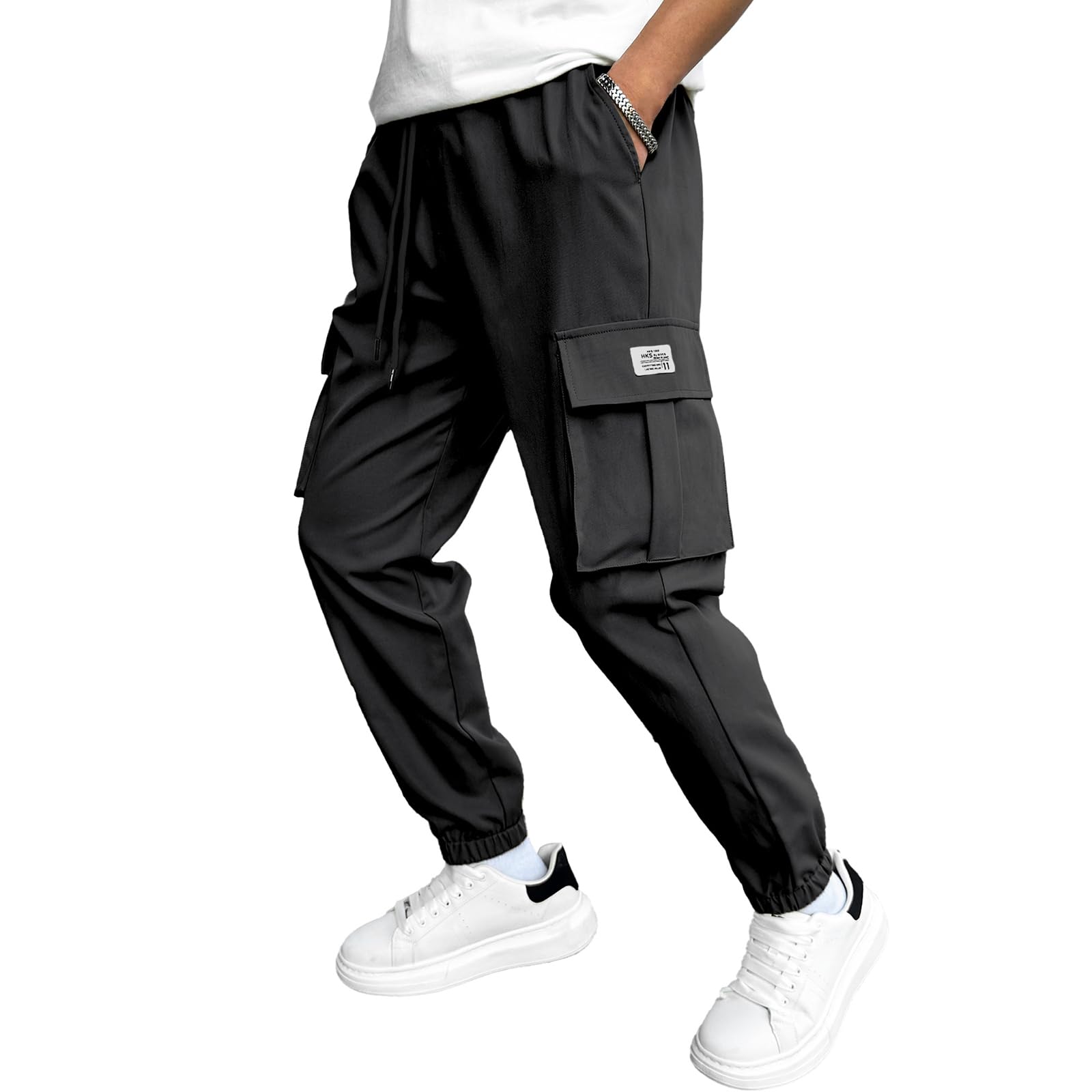 HAOtake Men's Casual Cargo Pants - Elastic Waist with Drawstring, Tapered Jogger Pants for Hiking & Outdoor Activities - Lightweight Multi-Pocket Pants for Work, Travel & Daily Wear