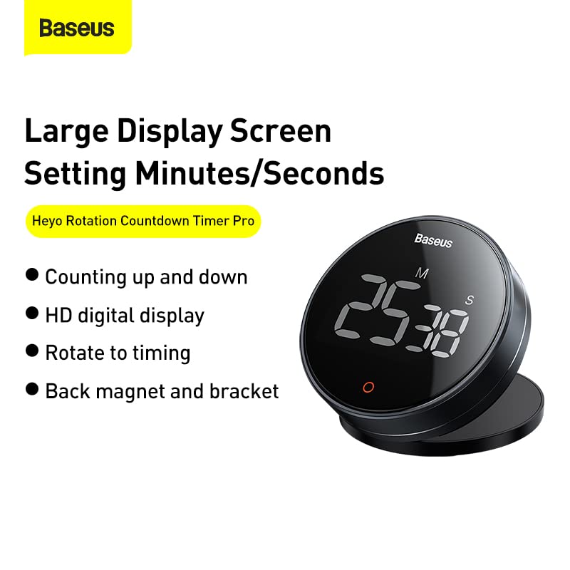 Baseus Heyo Pro Digital Countdown Timer - Rotating LCD Display Kitchen Timer with Alarm, Perfect for Cooking, Baking, Workouts & Office Tasks (Black)