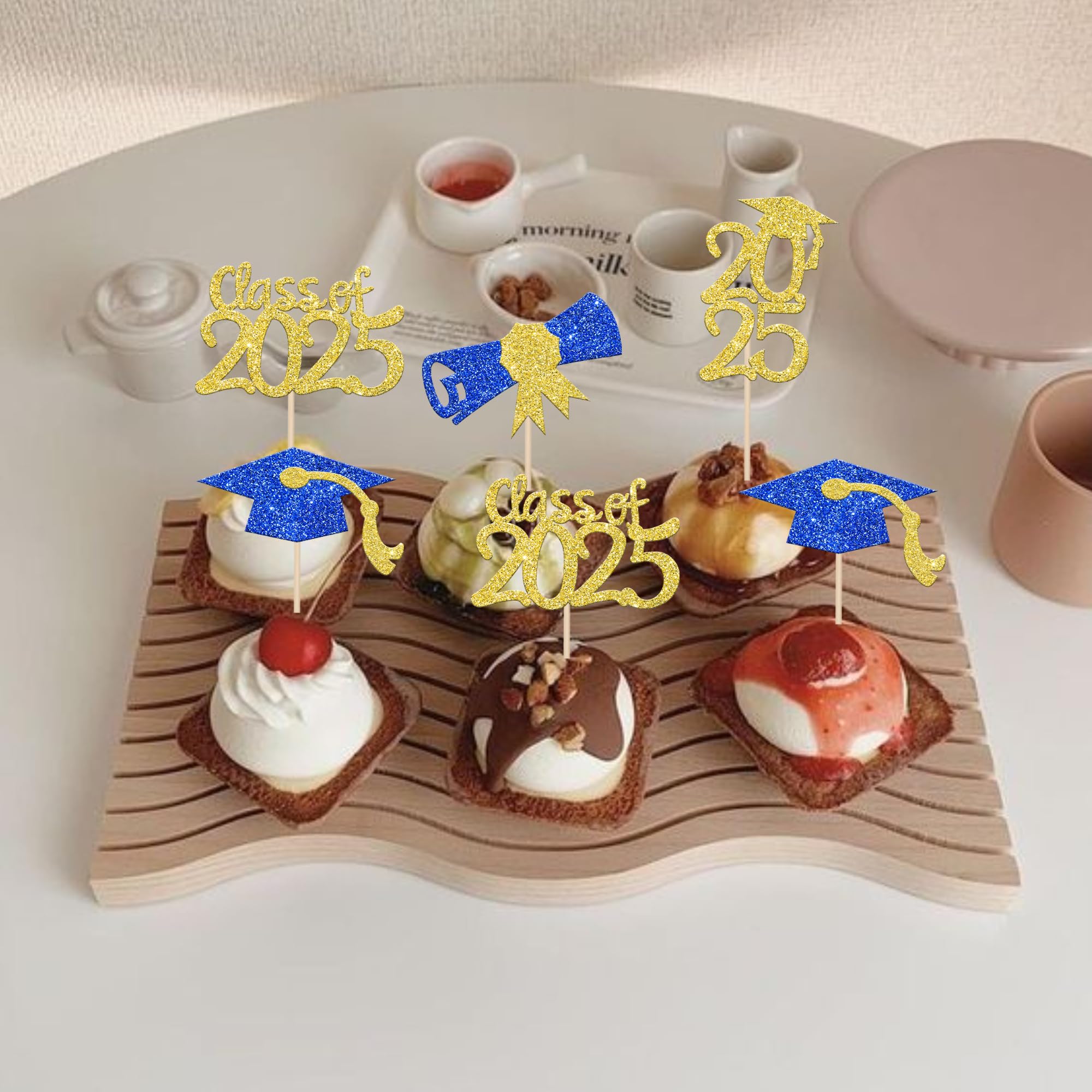 36 PCS Class of 2025 Graduation Cupcake Toppers - Glitter Cap & Diploma Cake Decorations for 2025 Graduation Party Supplies (Blue & Gold) - Perfect for Graduation Ceremonies, School Parties & Celebration Cakes