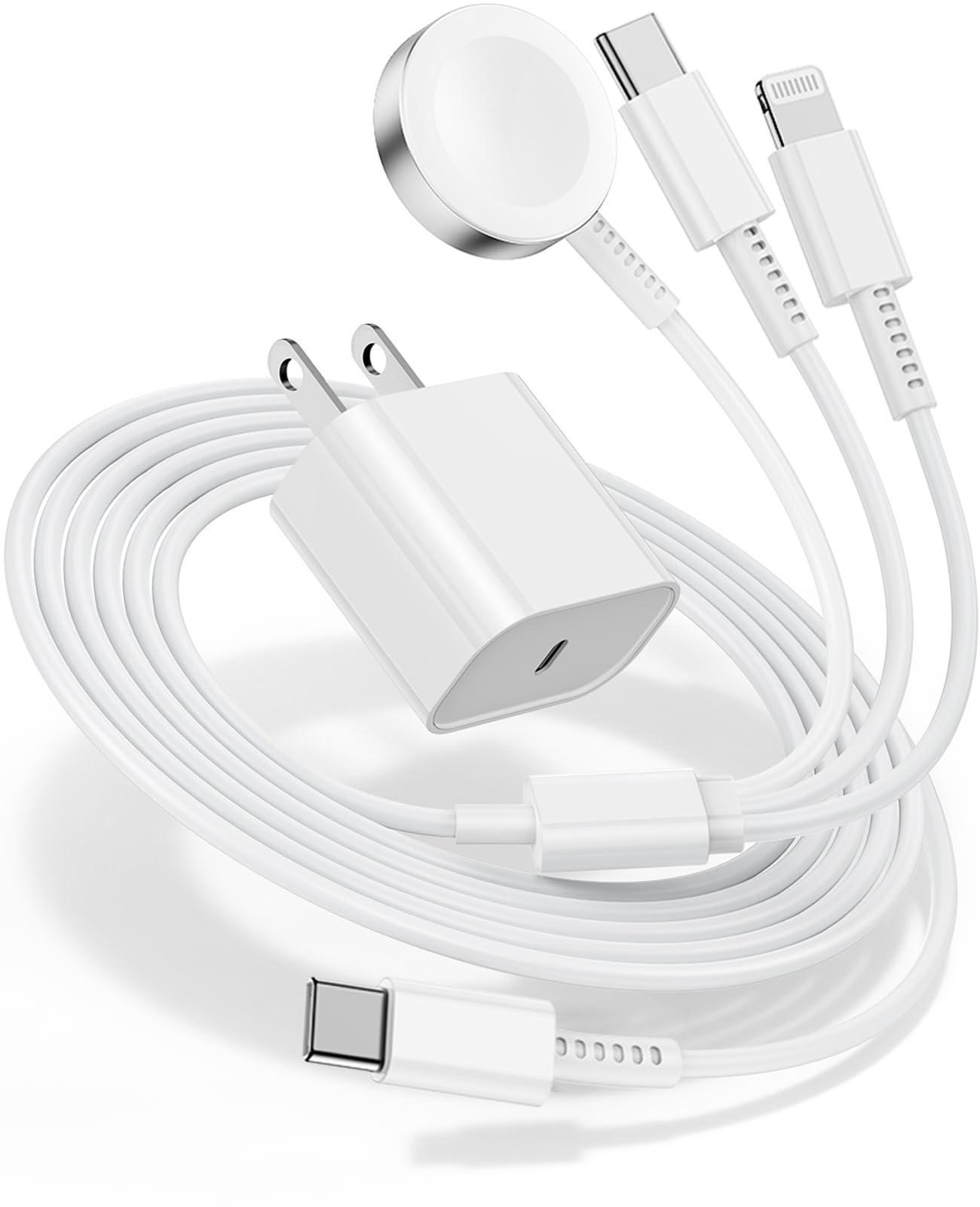 3-in-1 Fast Charging Cable for Apple Watch Ultra 2/SE/10/9/8/7/6/5/4/3, iPhone 15/16 Pro Max/14/13/12/11 - 20W USB-C Charger with 3FT Cord (White) | Perfect for Home, Office & Travel Charging Needs