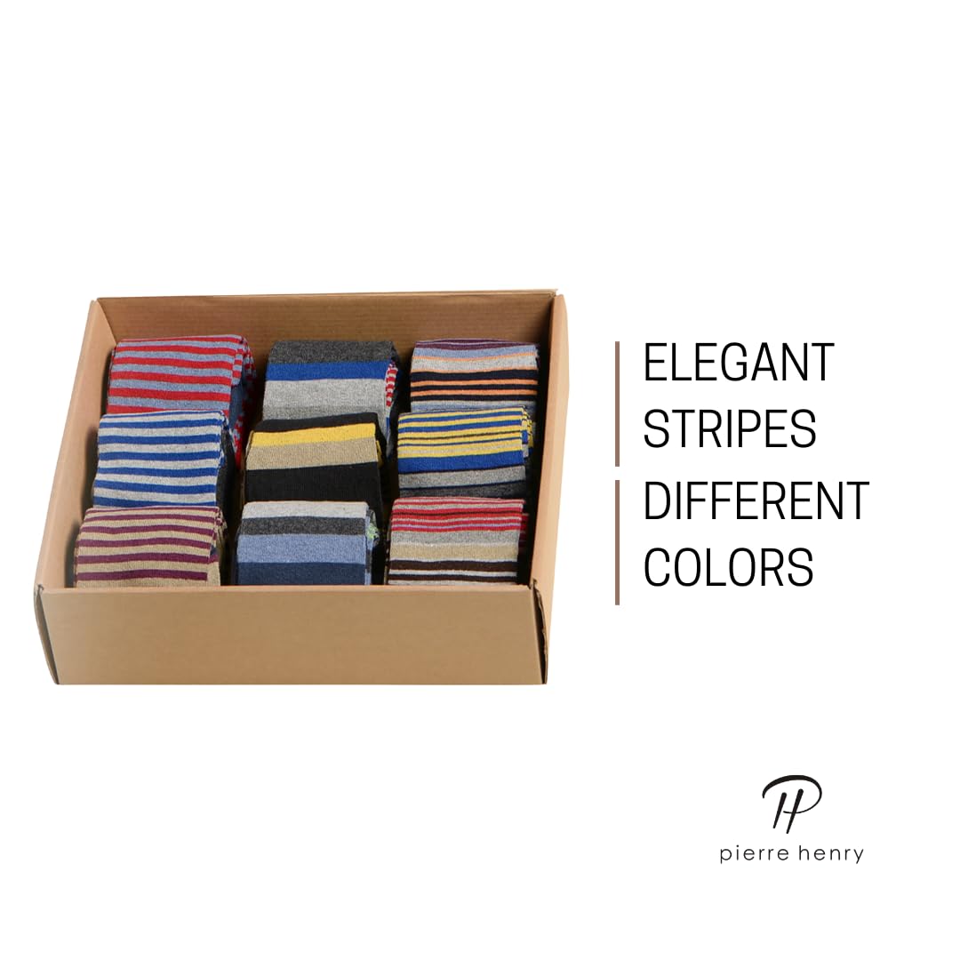 Premium Pierre Henry Men's Over the Calf Dress Socks - 9 Pack Soft Cotton Long Socks That Stay Up - Perfect for Business, Formal Wear & Office Attire