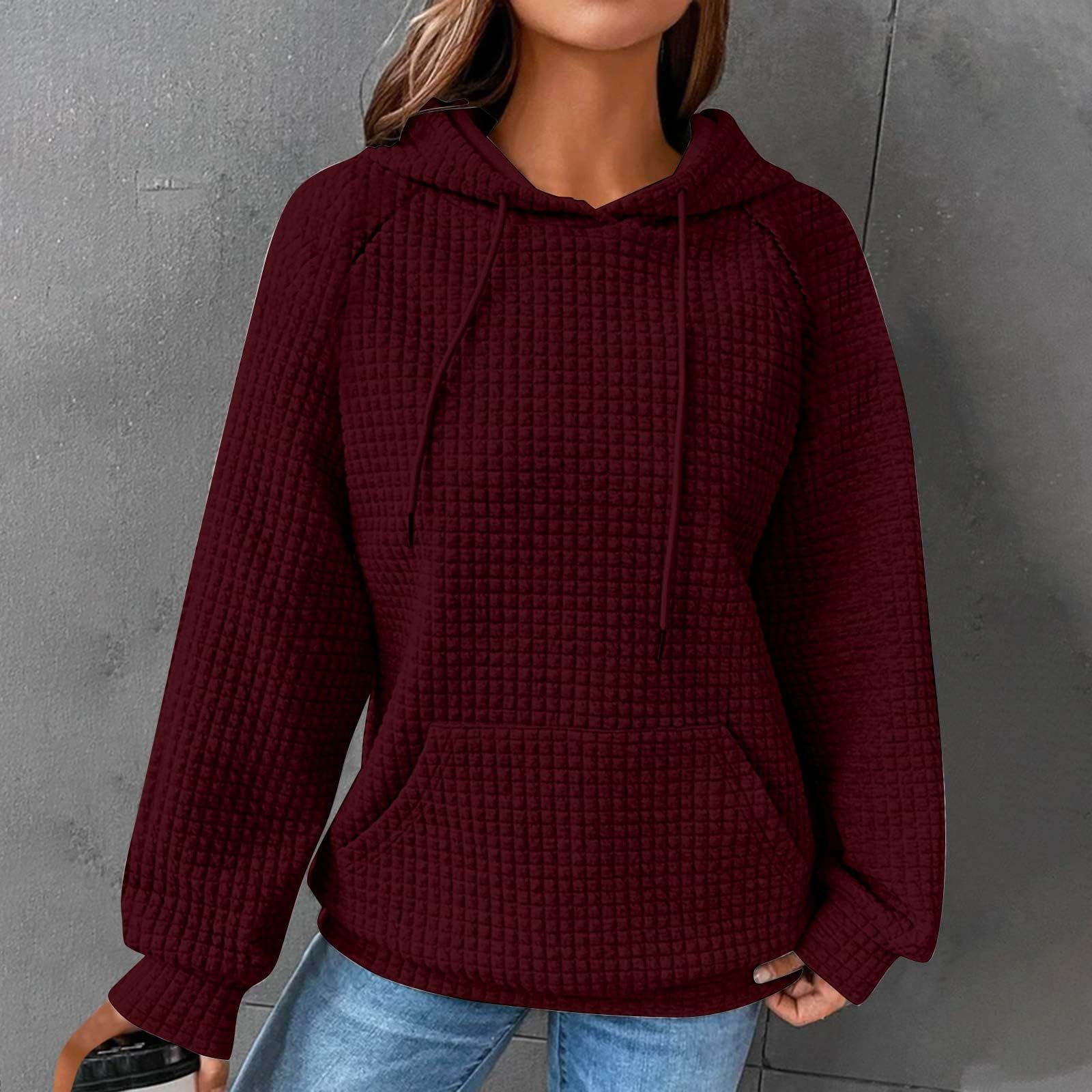 Women's Oversized Waffle Knit Hoodie Sweatshirt - Long Sleeve Drawstring Loose Fit with Pocket | Cozy Fall Winter Layering & Casual Streetwear Outfit
