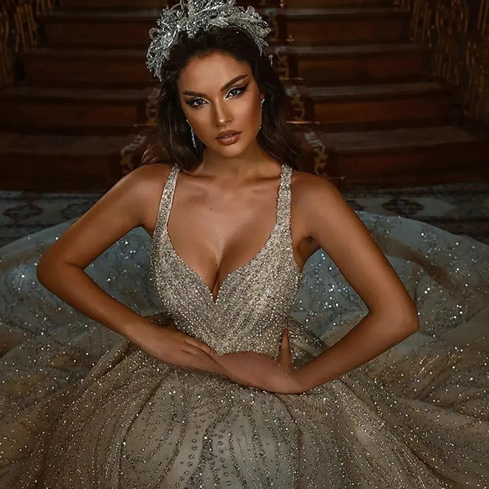 Exquisite Crystal Beaded Ball Gown Wedding Dress - Custom Shiny Floor-Length Bridal Gown for Bride (Vestido de Novia) | Perfect for Grand Weddings, Red Carpet Events & Formal Galas