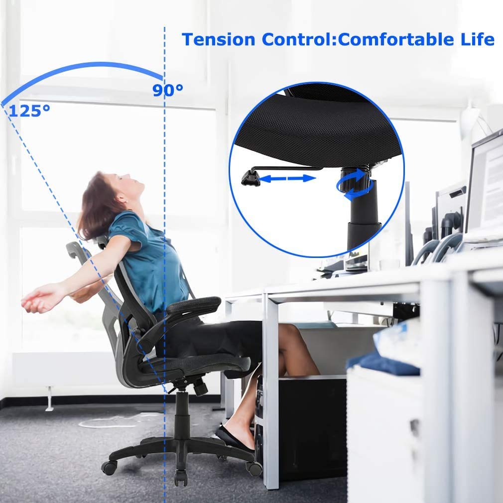 Ergonomic Office Chair with Lumbar Support - Adjustable Height, Flip-Up Arms & Swivel Rolling Design - Mid Back Mesh Computer Desk Chair for Home & Office Use - Perfect for Adults, Men & Women - Black