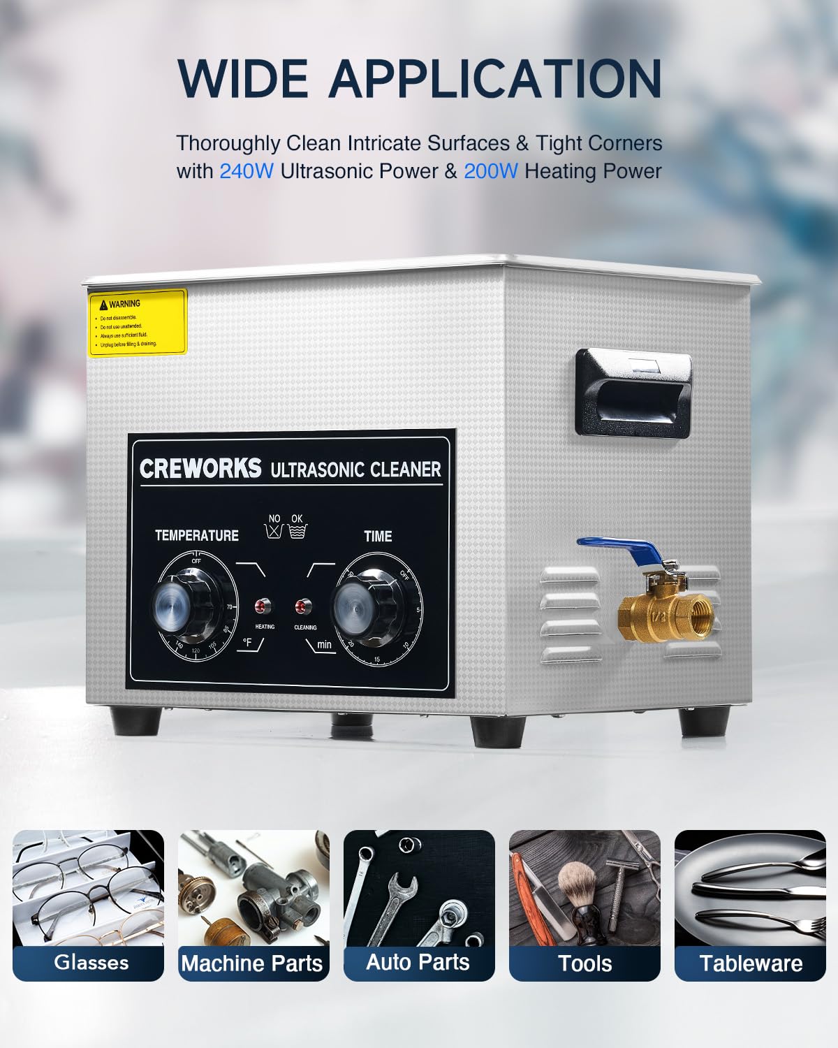 CREWORKS 10L Ultrasonic Cleaner with Heater & Timer, 240W Stainless Steel Cleaning Machine for Jewelry, Glasses, Auto Parts, Lab Tools - 2.6 Gallon Professional Grade for Home, Workshop & Industrial Use