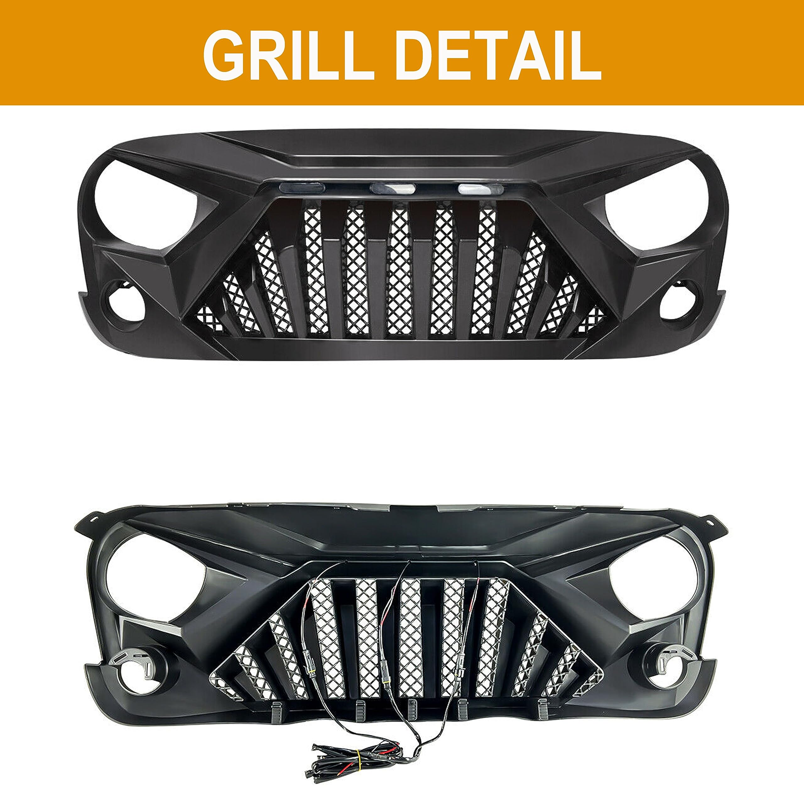 2007-2017 Jeep Wrangler JK & JKU Front Grill Replacement with LED DRL Lights & Wiring Harness - Fits Rubicon/Sahara/Sport Models | Off-Road Upgrade & Street Legal Lighting Accessory