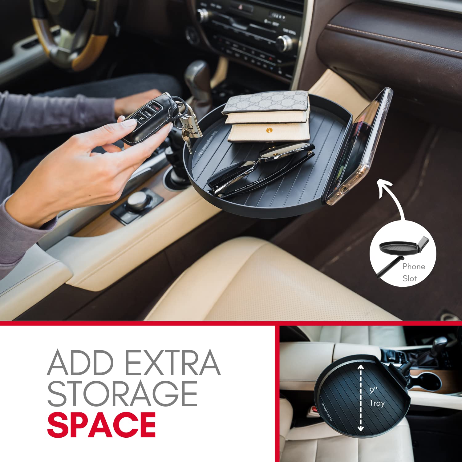 Macally Adjustable Car Cup Holder Tray with Swivel Arm - Car Organizer with Phone Slot & Food Tray - Perfect for Eating, Working & Road Trips - Fits Most Vehicles
