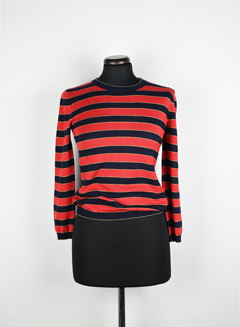 Gucci Red and Blue Striped Pullover Sweater - Size 40 | Casual Luxury Knitwear for Men & Women | Perfect for Fall Fashion, Office Wear & Weekend Outings