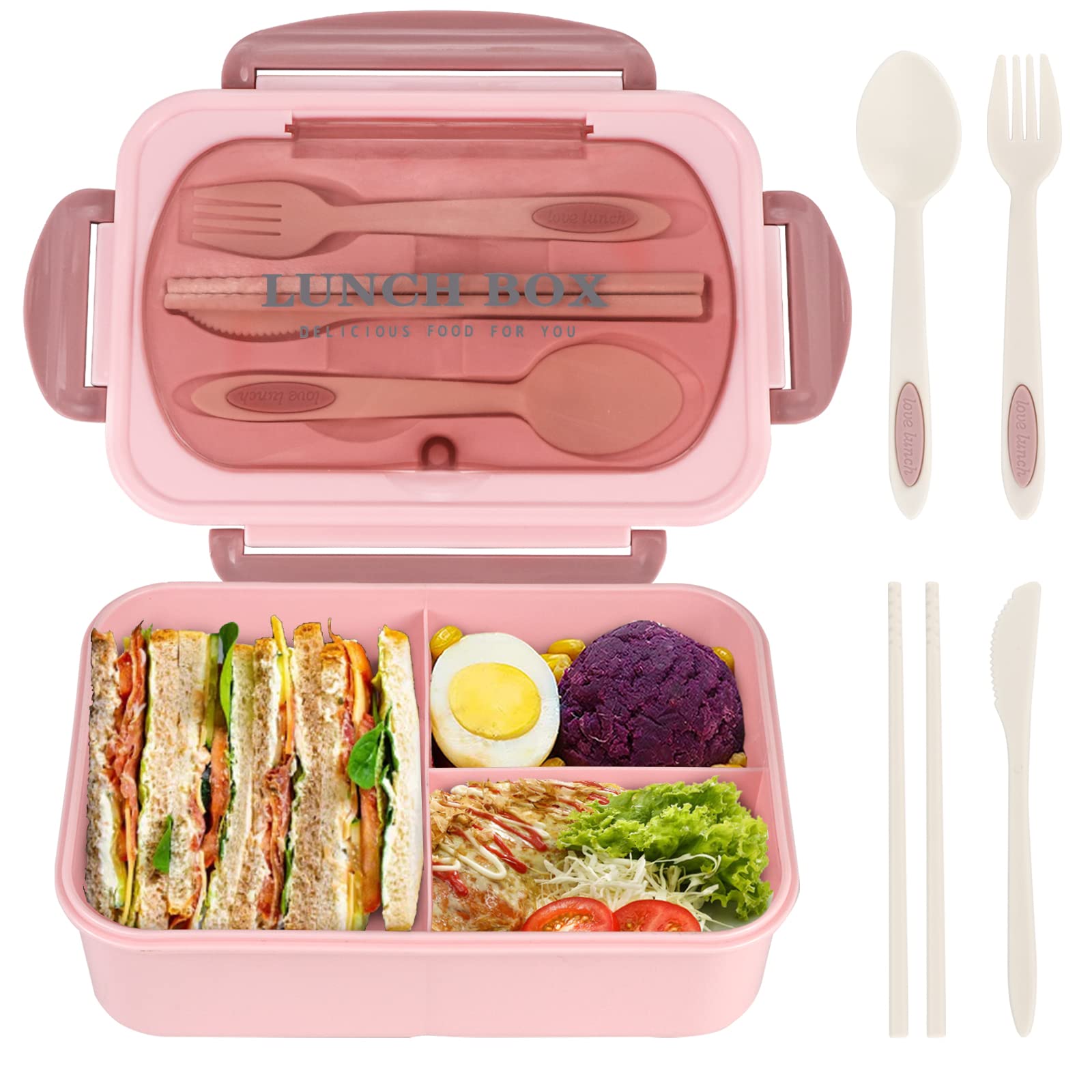 NatraProw 1200ML Bento Box for Adults - Leak Proof 3 Compartment Lunch Container with Utensils | BPA Free & Microwave Safe | Perfect for Office, School & Picnics (Pink)