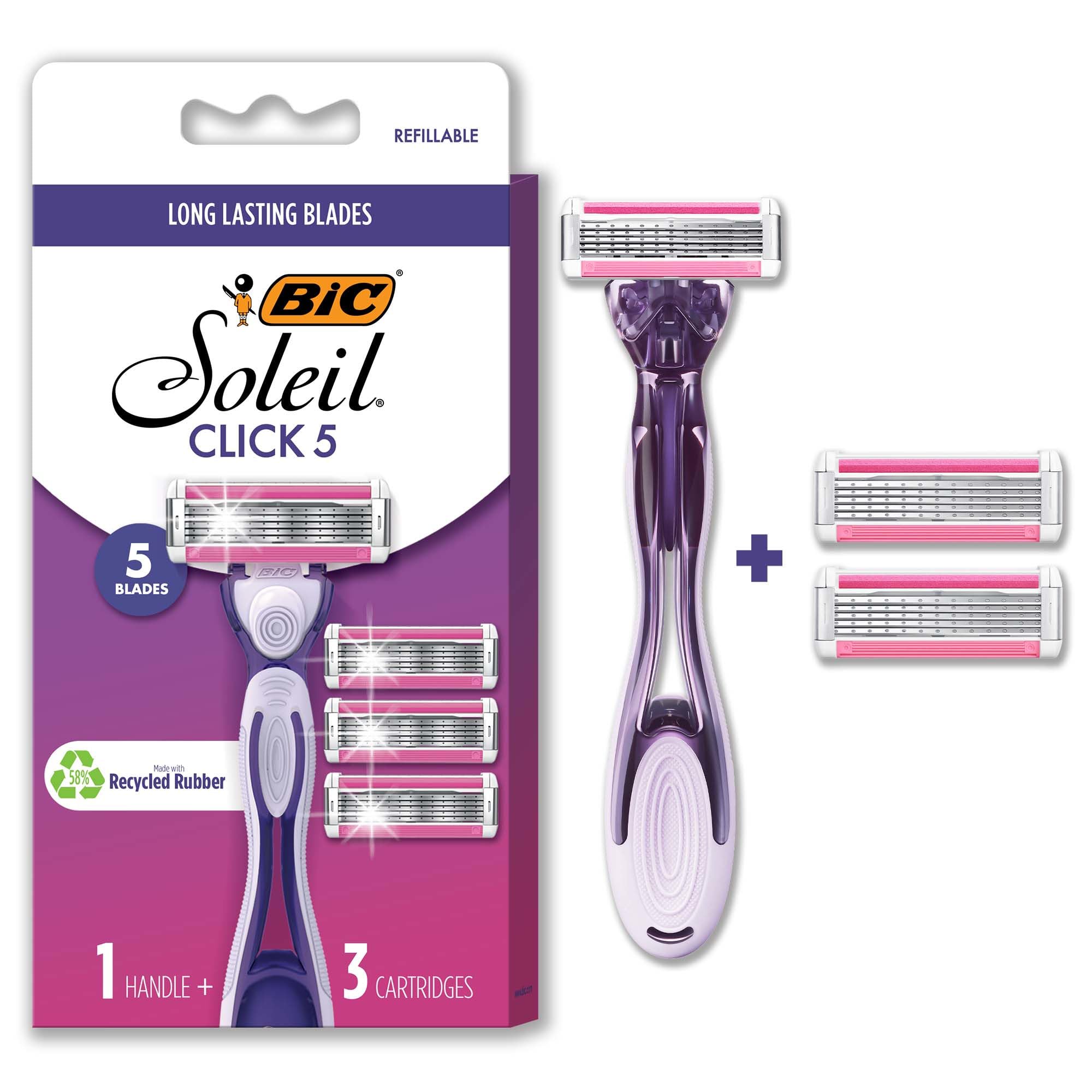 BIC Click 5 Soleil Women's Disposable Razors - 5 Blades with Moisture Strip for Smooth Shaving - 1 Handle & 3 Cartridges (4-Piece Set) - Perfect for Travel, Gym, and Everyday Shaving