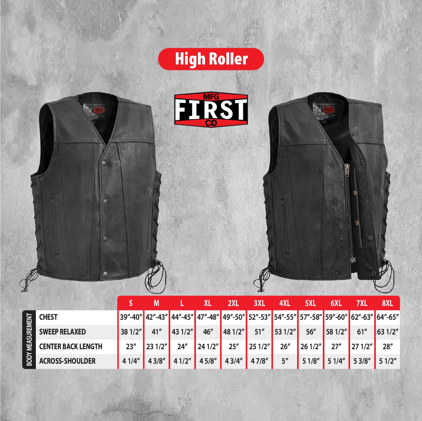 First Mfg Co High Roller Men's Motorcycle Leather Vest for Bikers - Durable Riding Gear for Harley Davidson & Cruiser Motorcycles - Perfect for Road Trips, Bike Rallies & Casual Wear