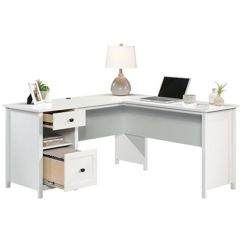 Pemberly Row L-Shaped Coastal Computer Desk - Engineered Wood, Soft White Finish - Perfect for Home Office, Gaming & Small Space Workstations