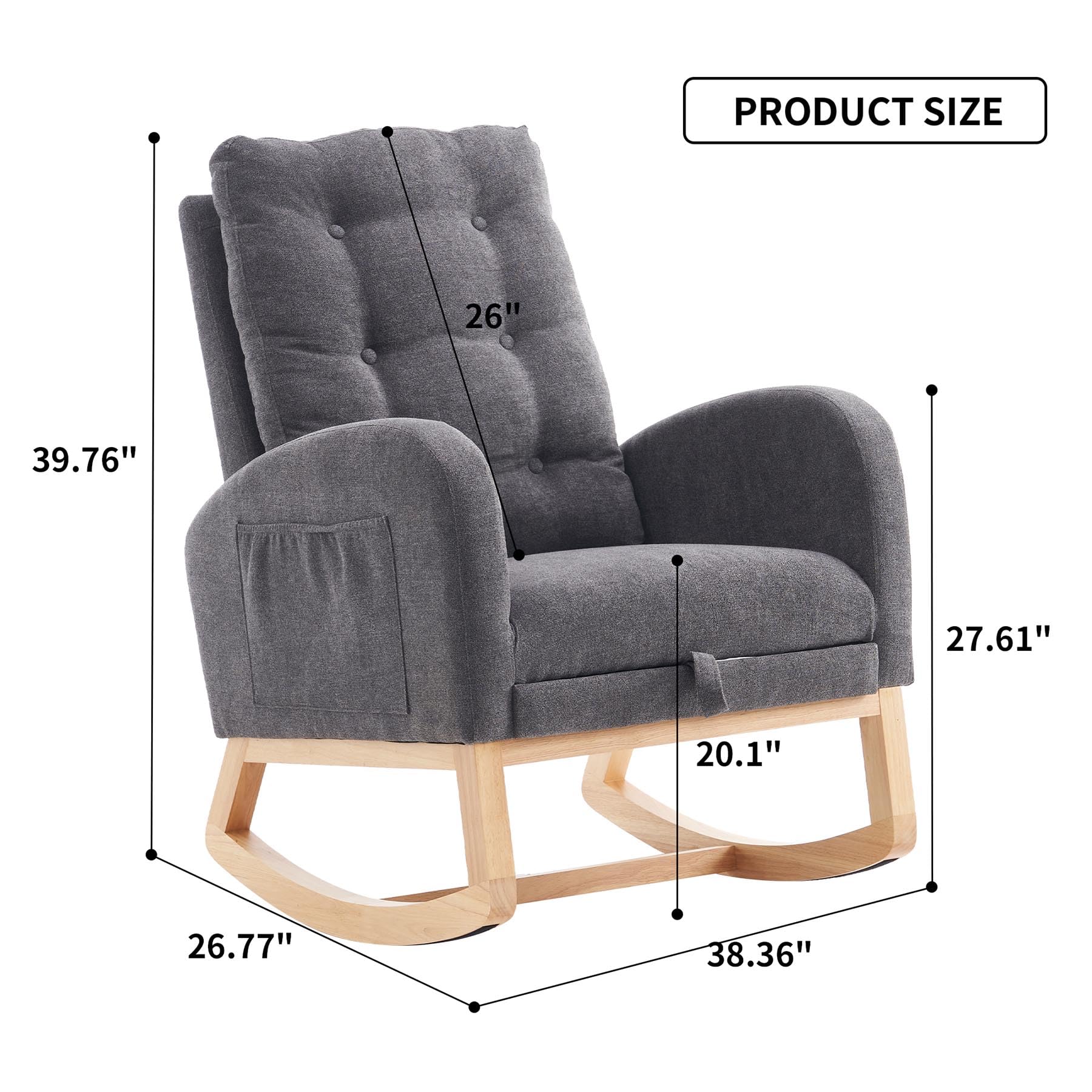 Comfortable Accent Rocking Chair with Footrest & Side Pocket - Upholstered High Back Nursery Rocker with Rubber Wood Legs - Perfect for Living Room, Baby Nursery & Bedroom - Relaxing Armchair for Breastfeeding, Reading & Lounging (Gray)