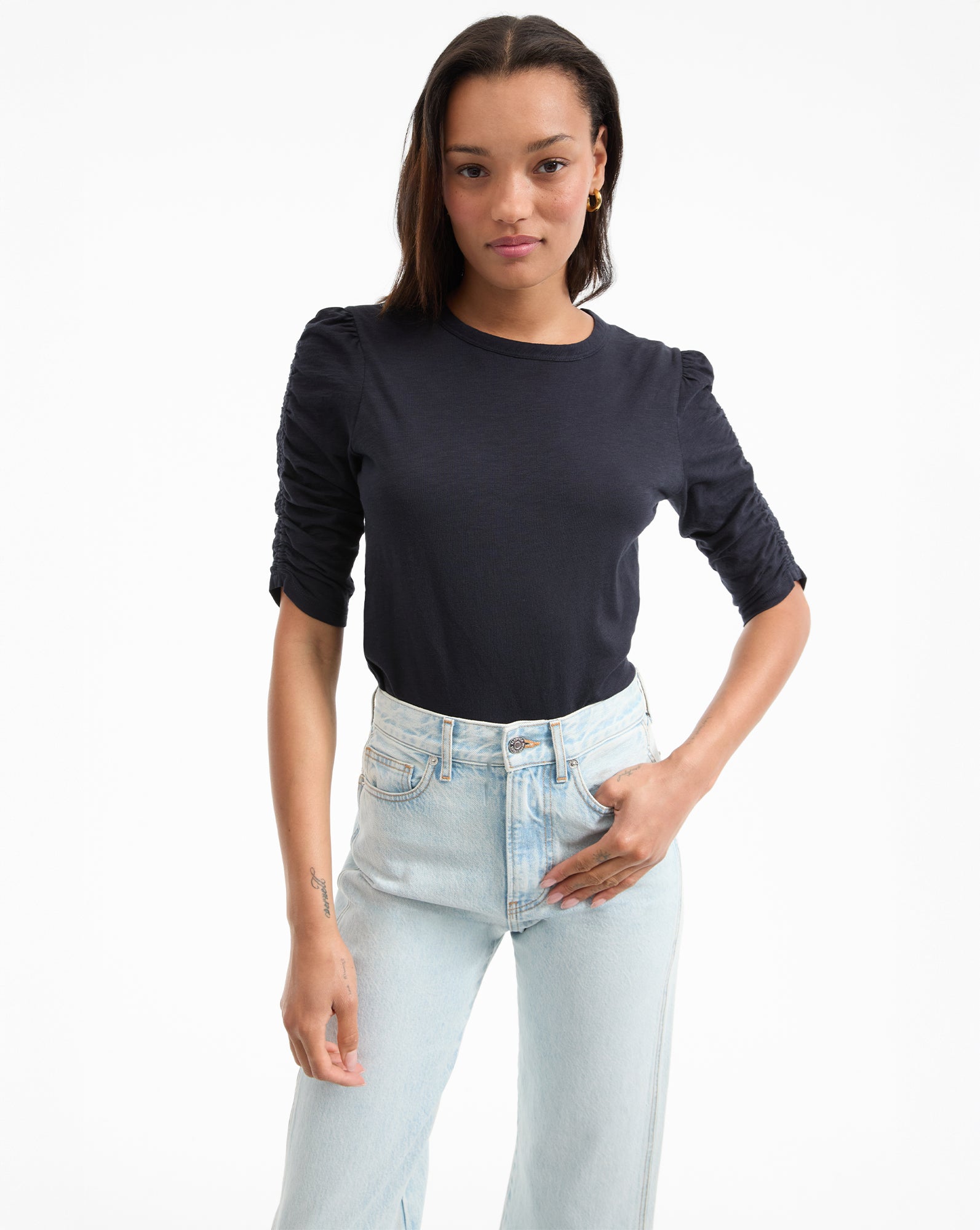 Waldorf Ruched Sleeve T-Shirt for Women | Stylish Casual Top | Perfect for Work, Date Night & Weekend Outfits
