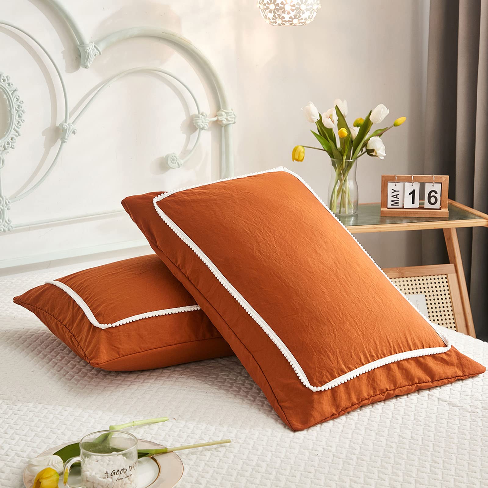 Burnt Orange Mini Pom Pom Pillowcases & Queen Duvet Cover Set - Soft Bohemian Bedding Bundle for Cozy Bedroom Decor, Perfect for Guest Rooms and Dorm Style