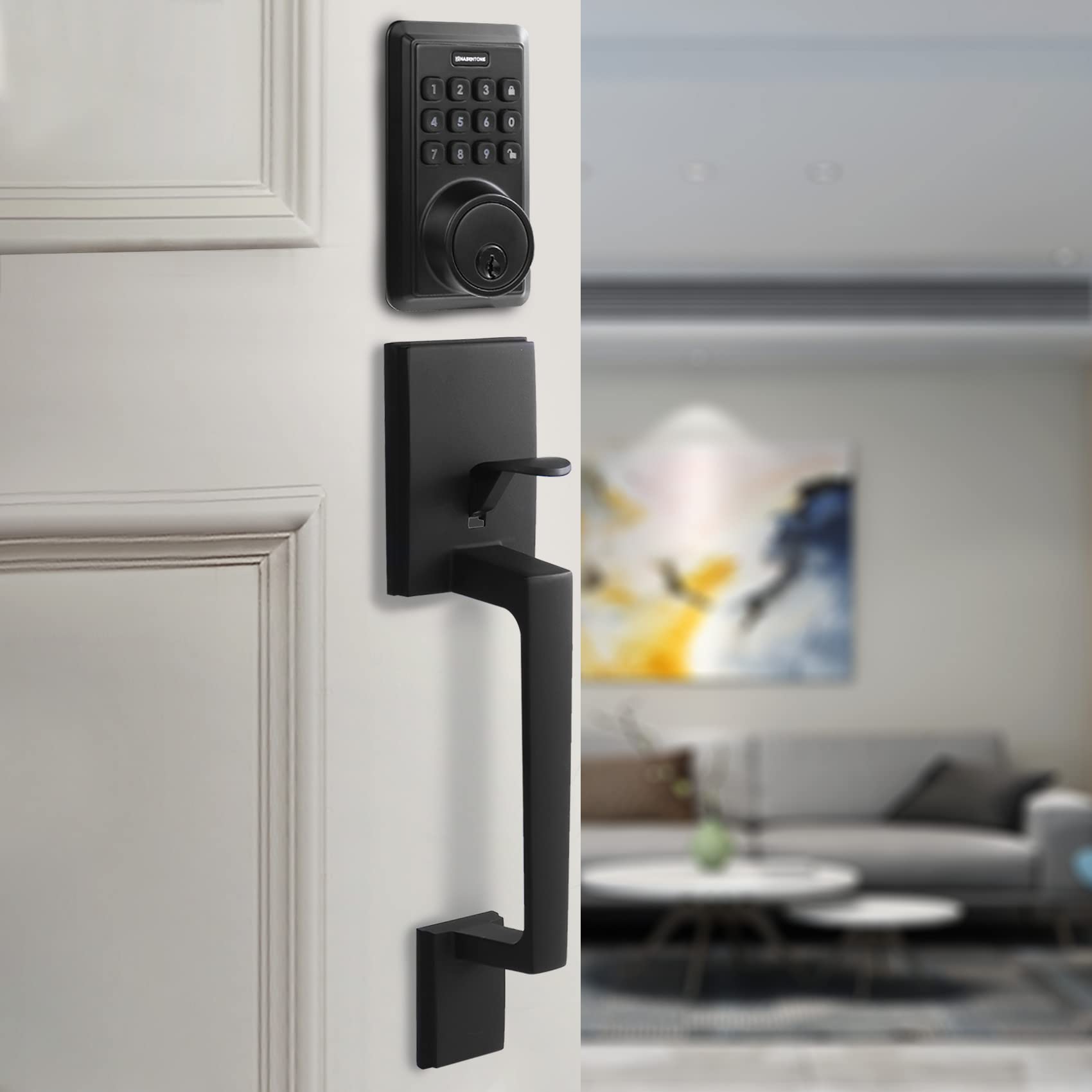 Azdele Matte Black Front Door Handle Set with Reversible Lever - Heavy Duty Exterior Door Knob for Right or Left Handed Entry Doors, Front Door Hardware in Modern Matte Black Finish - Perfect for Home, Office & Commercial Buildings