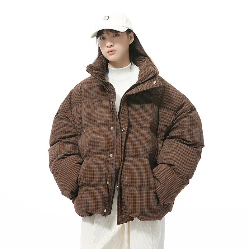 Vintage American Style Men's Cotton Plaid Stand Collar Drawstring Casual Loose Padded Jacket - Warm Winter Coat for Outdoor Activities & Streetwear Fashion
