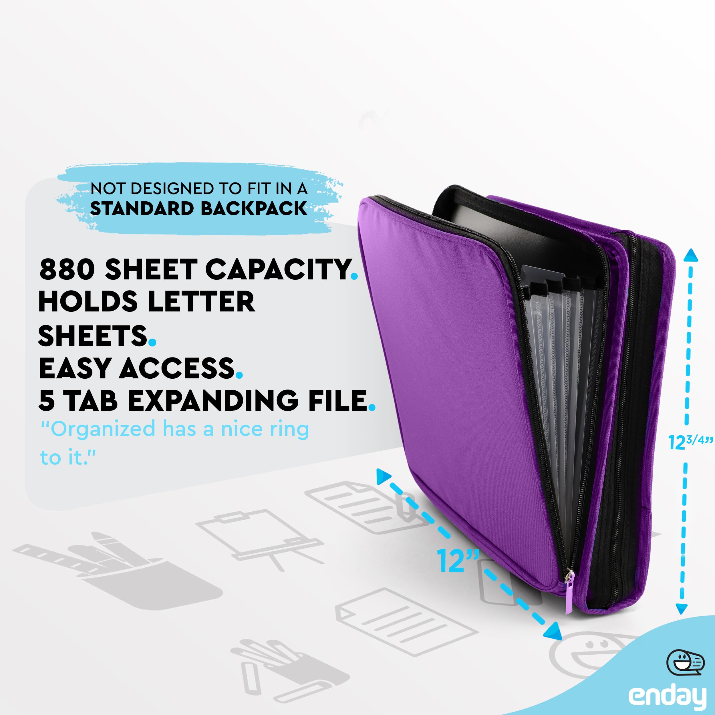 Enday 2 Inch Zipper Binder - 880 Sheet Capacity, 5 Pockets, Expanding File Folder with Durable Handle, School & Office Organizer in Purple - Perfect for Students, Teachers & Professionals to Organize Documents, Notes & Supplies