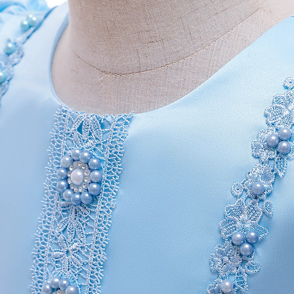 Royal Blue Princess Round Floor Length Lace Flower Girl Dress for Weddings & Special Occasions