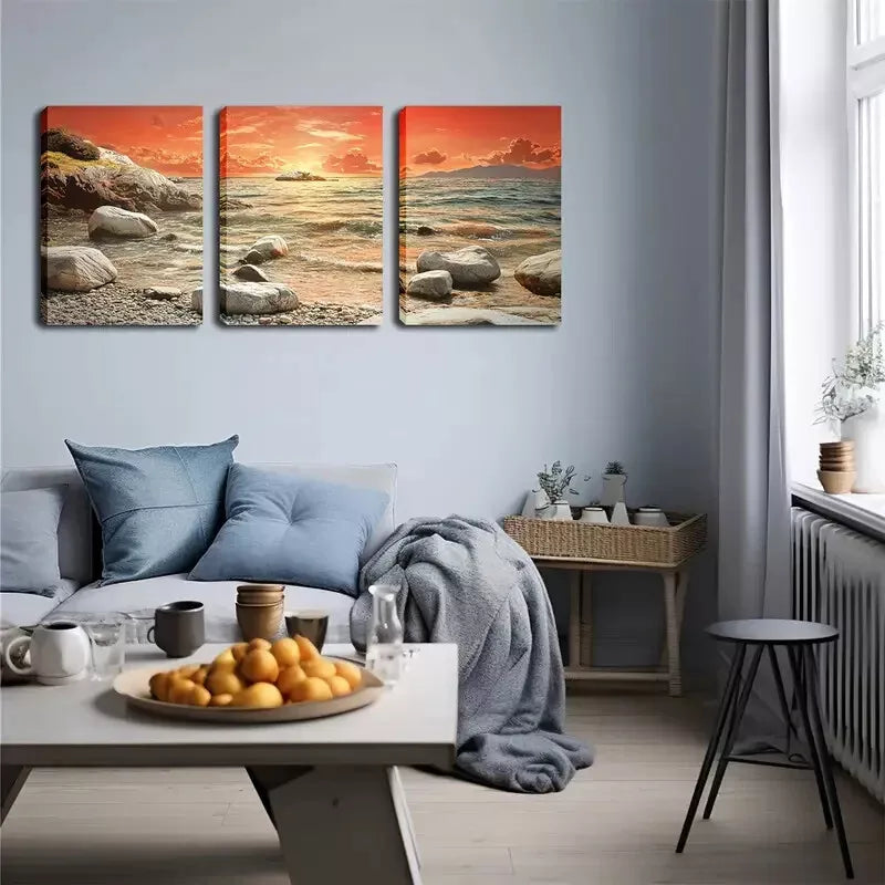 3-Piece Seaside Stone & Red Sky Wall Art Set - Framed Canvas 40x60cm | High Quality Australian Made Print | Ready to Hang | Perfect for Living Room, Bedroom & Office Decor