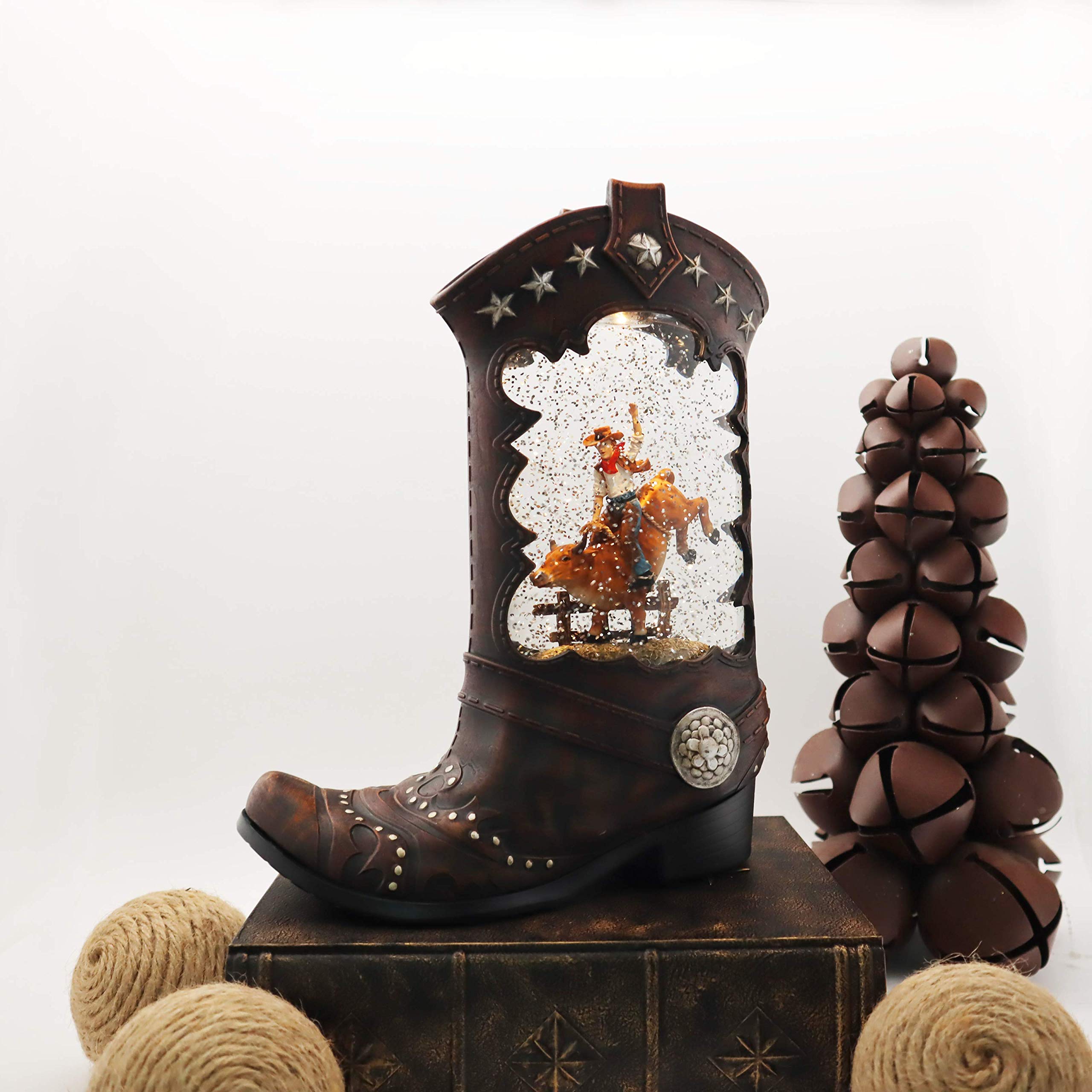 Victory Creative Cowboy in Boot Snow Globe Spinner - 10.25 Inch Battery Operated with Swirling Glitter, Timer & USB - Perfect for Western Home Decor, Christmas Gifts, and Office Desk Accessories