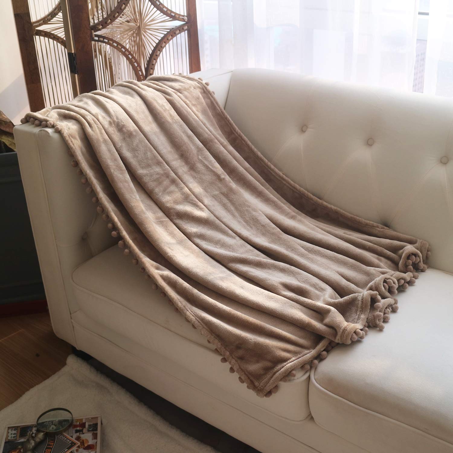 LOMAO Soft Flannel Blanket with Pompom Fringe - Lightweight & Cozy Throw Blanket for Bed, Couch, Sofa - All-Season Warmth (Khaki, 60''x80'') - Perfect for Lounging, Netflix Nights & Guest Bedrooms