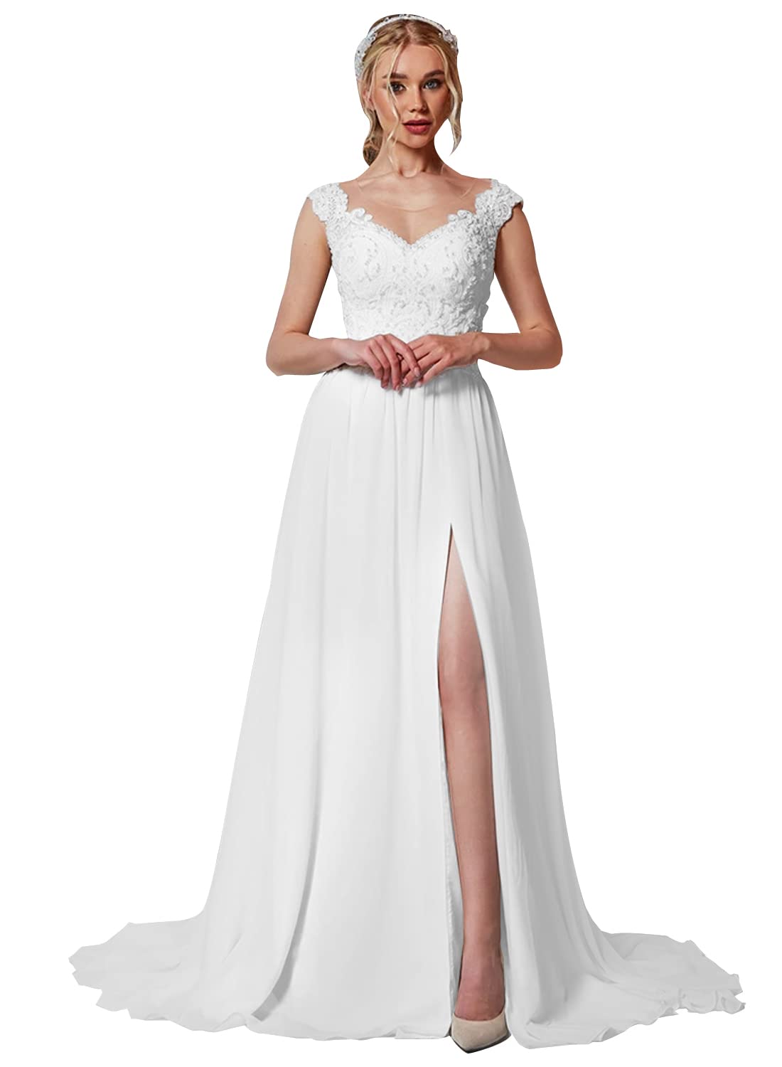 Elegant Lace Beach Wedding Dresses 2024 | Long Sleeve Boho Bridal Gown with Sheer Split & Train | Perfect for Beach Weddings, Boho Brides & Destination Ceremonies