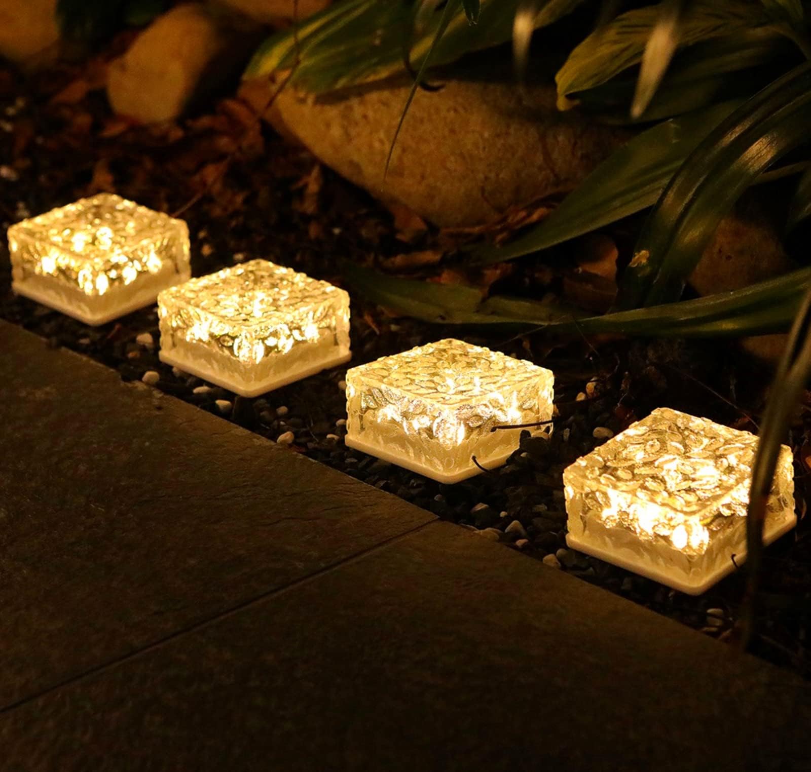 4 Pack Solar Brick Lights - 4.3 x 4.3 Inch Waterproof Outdoor Solar Pathway Lights for Garden, Courtyard, Walkway | Weatherproof Solar Paver Lights with Ice Rock Cube Design | Perfect for Landscaping, Driveway & Patio Lighting