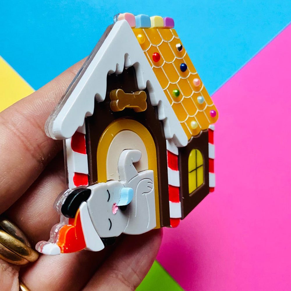 Christmas Collection - Gingerbread Dog House Acrylic Brooch by Makokot Design | Cute Holiday Pet Accessory for Dogs & Cat Lovers | Perfect for Christmas Gifts, Party Favors & Pet-Themed Jewelry