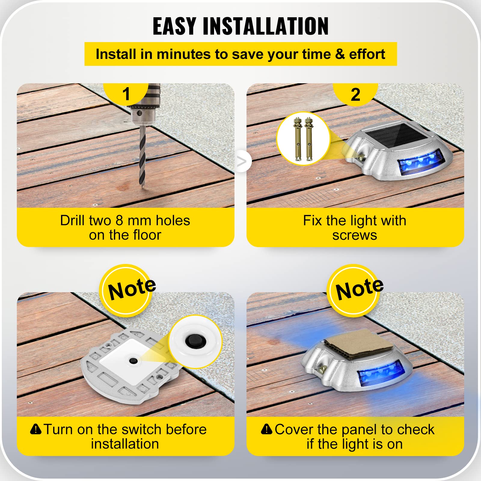 Vevor Solar Driveway Lights 4-Pack - 6 LED Bright Blue Outdoor Solar Deck Lights with Screw for Path, Garden, Walkway, Sidewalk & Steps - Perfect for Nighttime Safety and Landscape Lighting