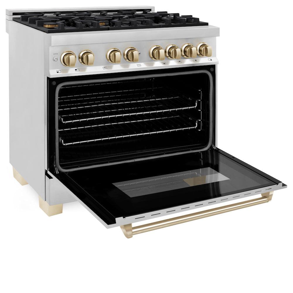 ZLINE Autograph Edition 36-inch Dual Fuel Range with 6 Burner Gas Cooktop & Convection Oven - 4.6 cu.ft Stainless Steel with Gold Accents (RAZ 36 G) - Perfect for Professional Kitchens & Luxury Home Cooking