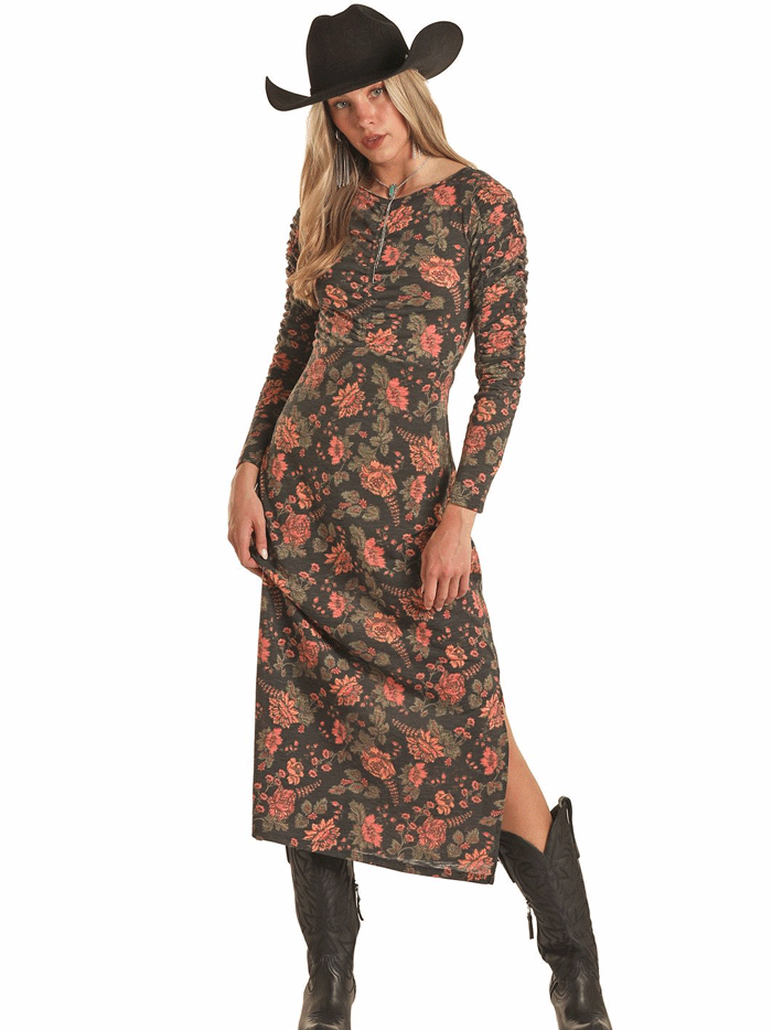 Rock & Roll Denim Womens Ruched Floral Dress Black - Vintage Inspired Party & Cocktail Dress for Evening Events & Date Nights