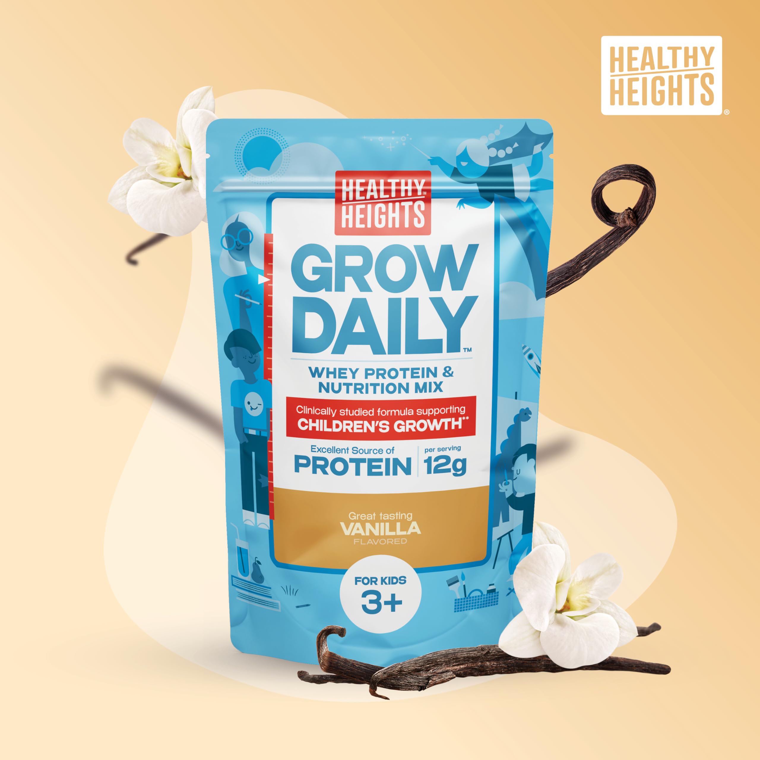 Healthy Heights Grow Daily Kids Protein Drink Mix (Vanilla) - High Protein Shake Powder for Children Ages 3+ | Supports Growth & Development | Perfect for Breakfast, Snacks & Active Lifestyles