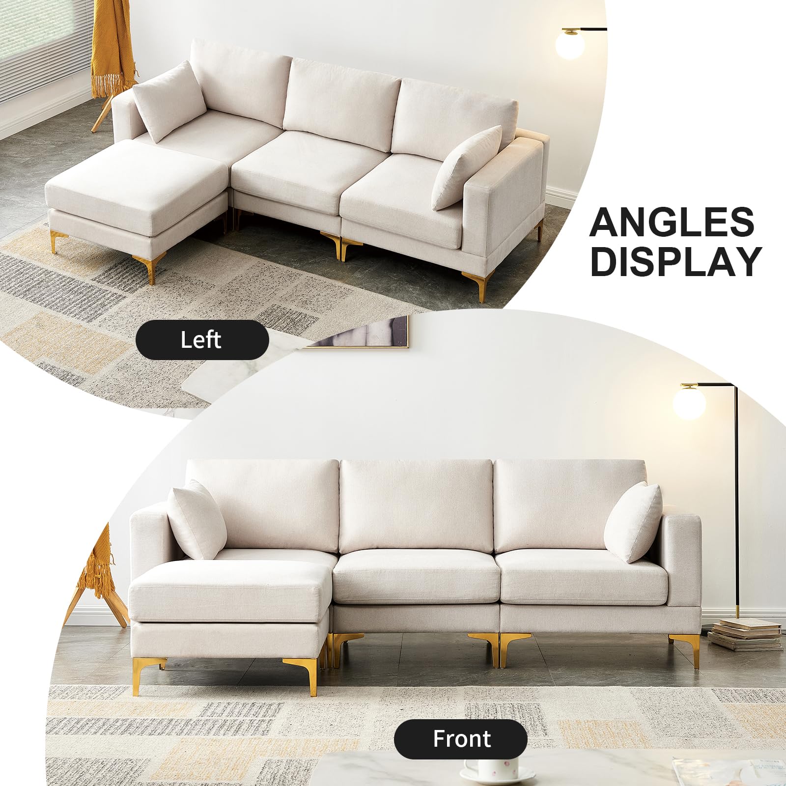NIOIIKIT Modular Sectional Sofa - L-Shaped Upholstered Couch with Ottoman & Throw Pillows, 3-Seat Convertible Sofa with Chaise Lounge, Deep Seat Living Room Furniture for Small Spaces (Beige) | Perfect for Apartments, Home Theater & Family Gatherings