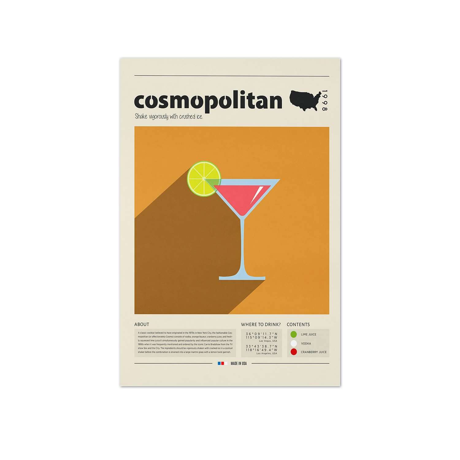 BEBEart Cosmopolitan Cocktail Print Poster - Vintage American Retro Wall Art, 12x18 Inch Wooden Framed - Perfect for Housewarming Gifts, Kitchen Decor & Mid-Century Modern Home Décor | Ideal for Bars, Restaurants & Retro-Themed Spaces