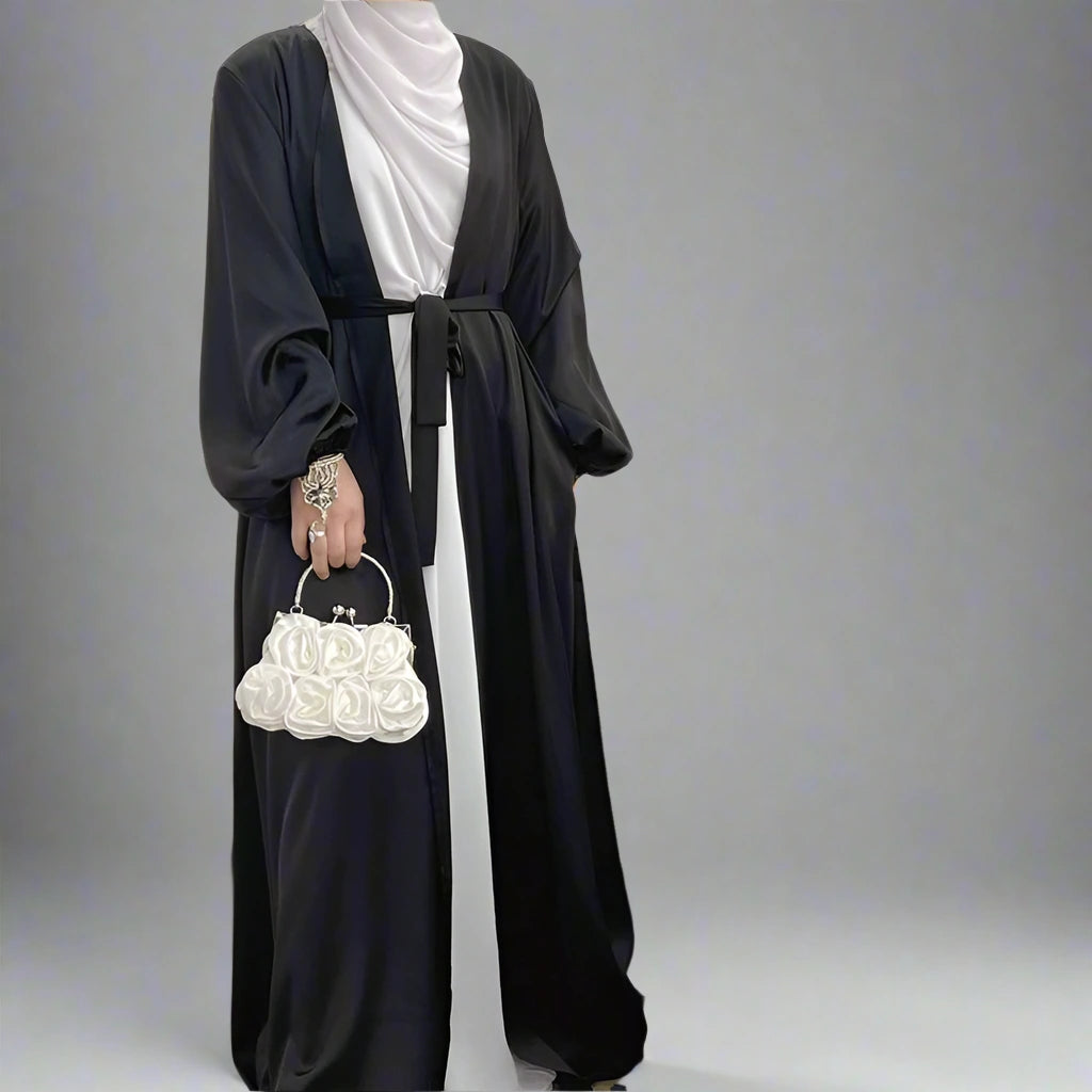 Elegant Puff Sleeve Satin Open Abaya Dress for Muslim Women - Modest Islamic Prayer Dress for Mosque, Eid & Special Occasions