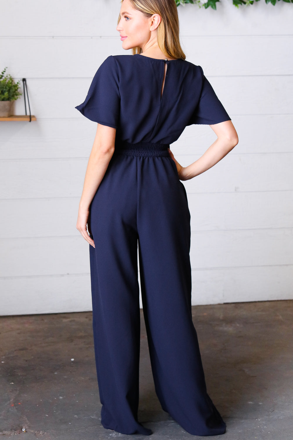 Dark Blue Smocked Waist Notch Neck Crepe Jumpsuit for Women - Elegant Party Outfit & Summer Casual Wear