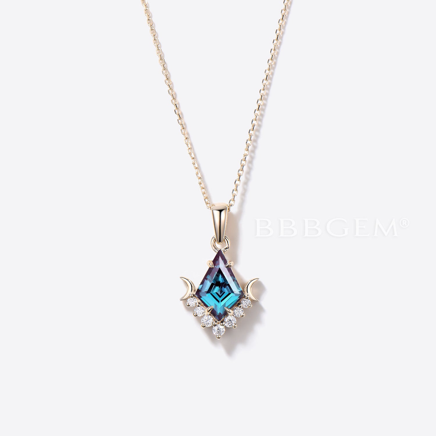 14K Yellow Gold Kite Cut Alexandrite Necklace with Moon Diamond Accent - Elegant Wedding Pendant for Brides, Anniversary Gifts & Special Occasions