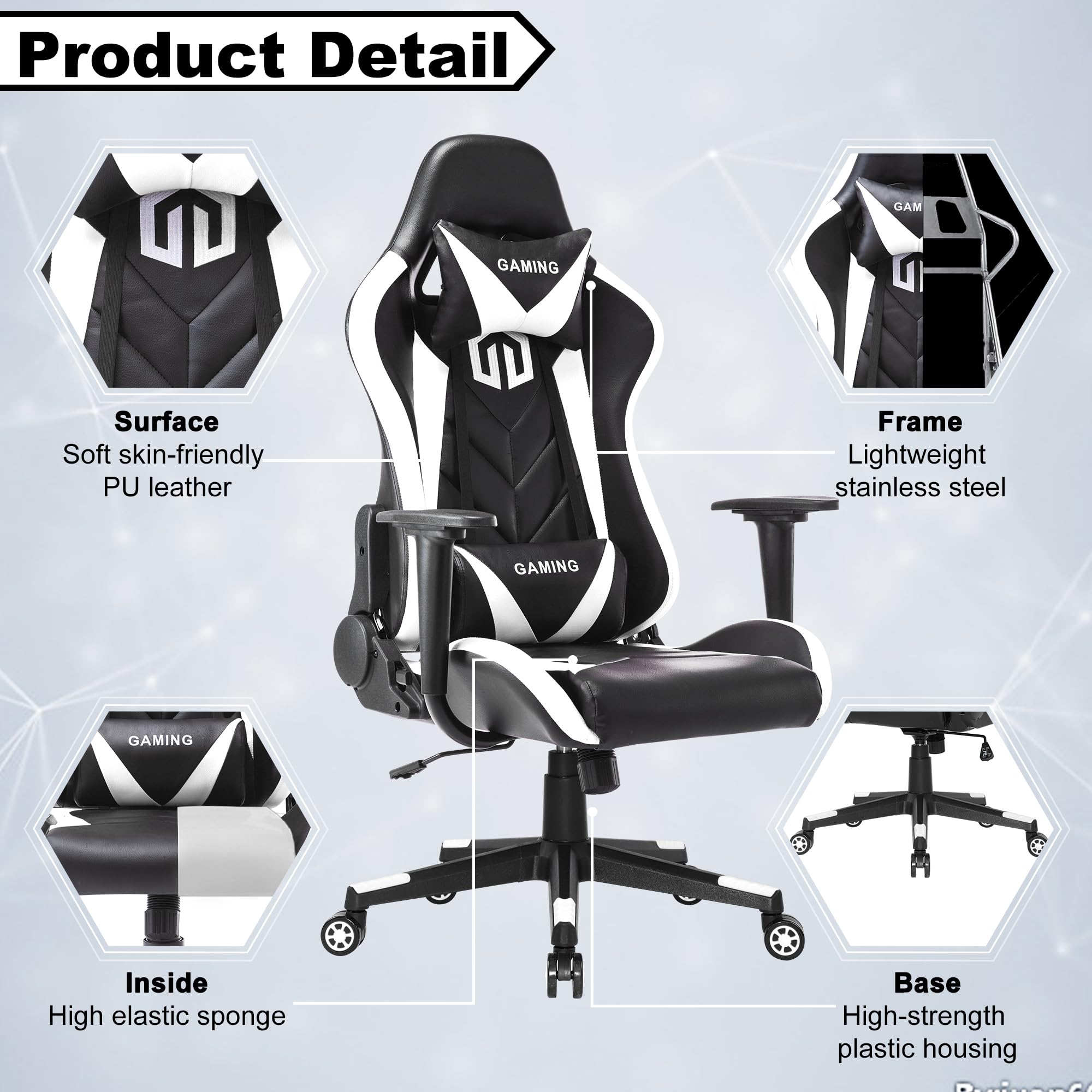 Premium Ergonomic Gaming Chair - Racing Style Office Chair with Adjustable Headrest & Lumbar Support, Swivel Recliner for PC, Computer Desk, Home & Office Use (White) - Perfect for Gamers, Remote Workers & Long Hours Sitting